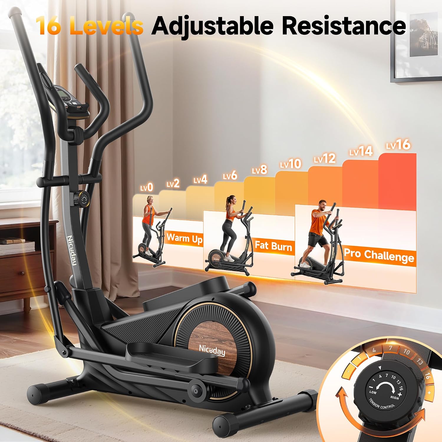 Niceday Elliptical Exercise Machine with 15.5/18/19IN Long Stride | Compact Elliptical Machine for Home Use, 16 Resistance Levels; 400LBS Stable Loading Capacity; Kinomap APP Support