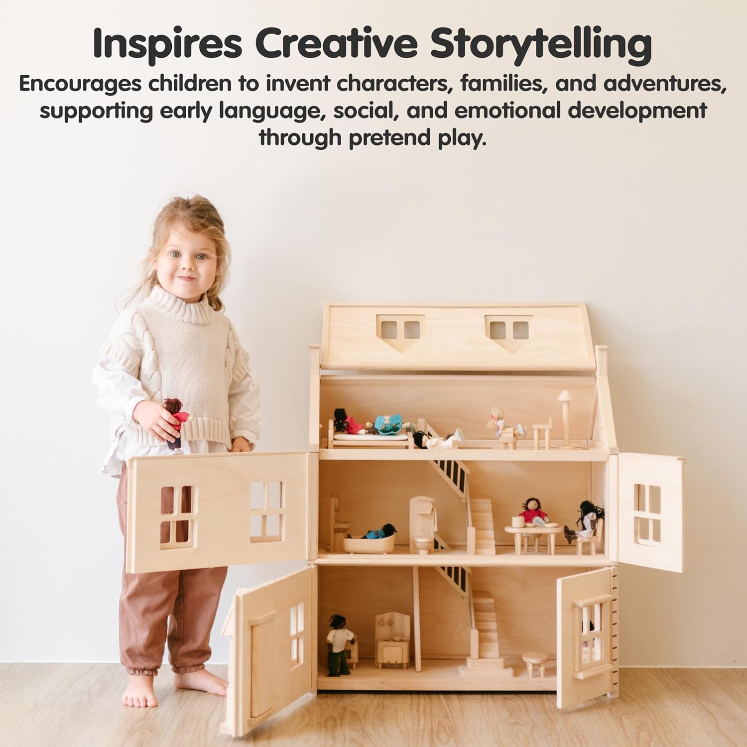 PlanToys® Green Wooden Dollhouse with Solar Panel, Wind Turbine & Furniture | recycling system, eco-friendly doll house, sustainable pretend play, kids, girls, environmental learning gift for boys