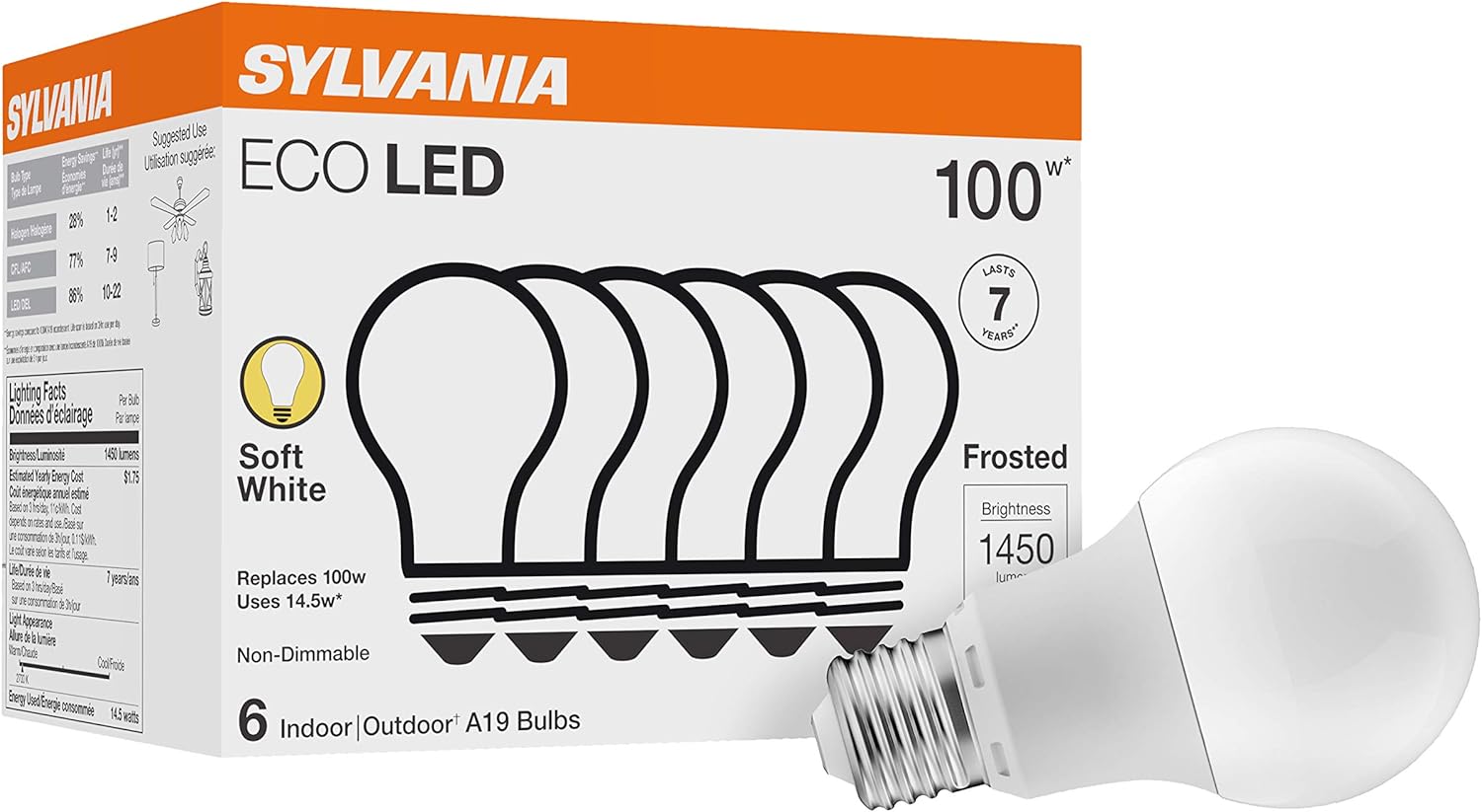 Sylvania ECO LED Light Bulb, A19, 100W Equivalent, Efficient 14.5W, 7 Year, 1450 Lumens, Frosted, 5000K, Daylight - 6 Pack (40884)