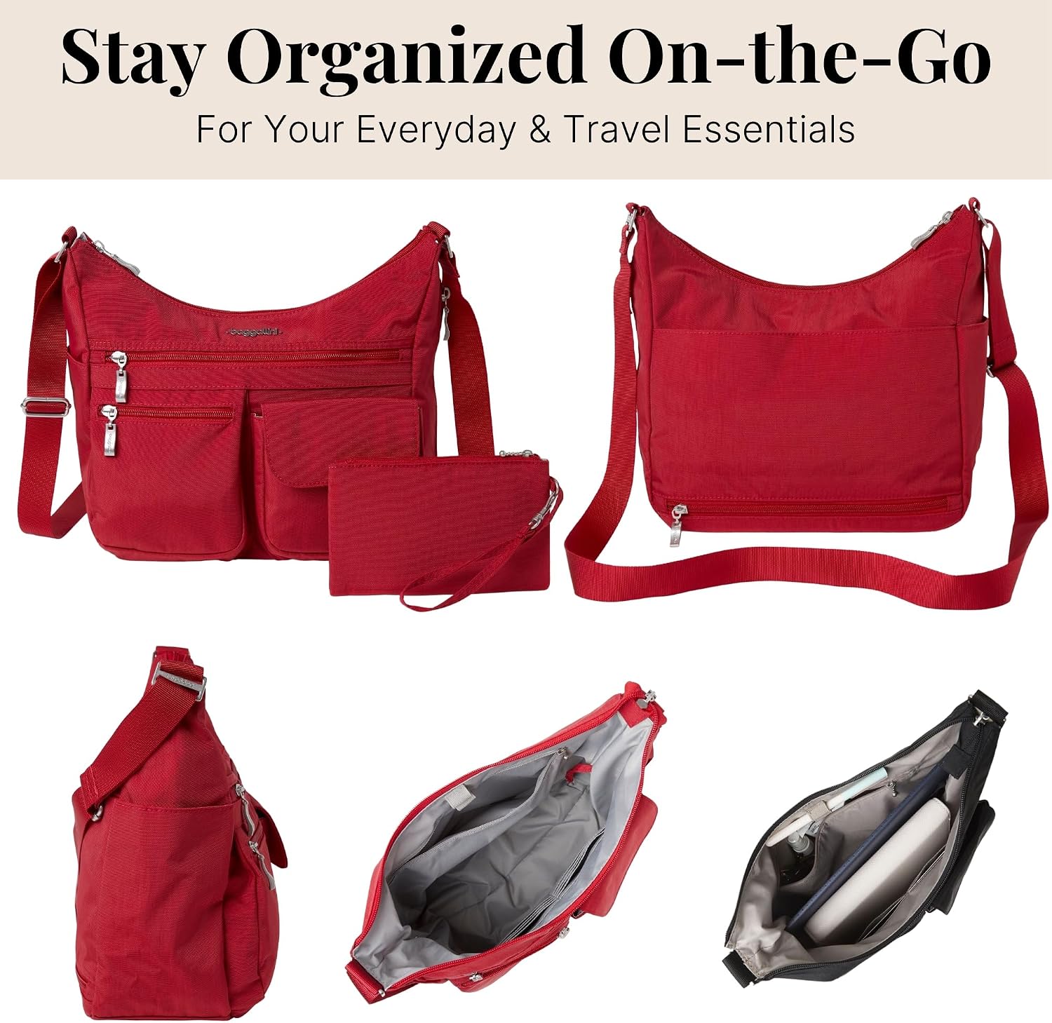 Baggallini womens Everywhere Bagg Crossbody Women 11x9 Lightweight Nylon Hobo Water-resistant Travel Bag W/Rfid