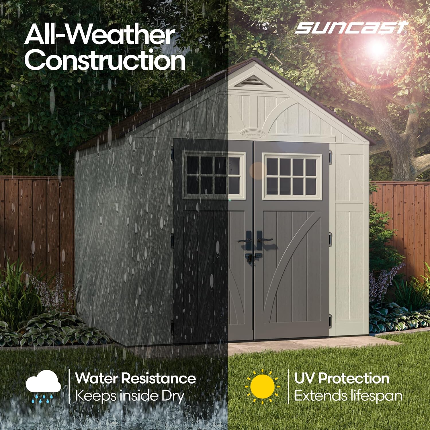 Suncast 8x7 Ft. Outdoor Storage Shed - Large Resin Shed with Floor, Lockable Double Doors