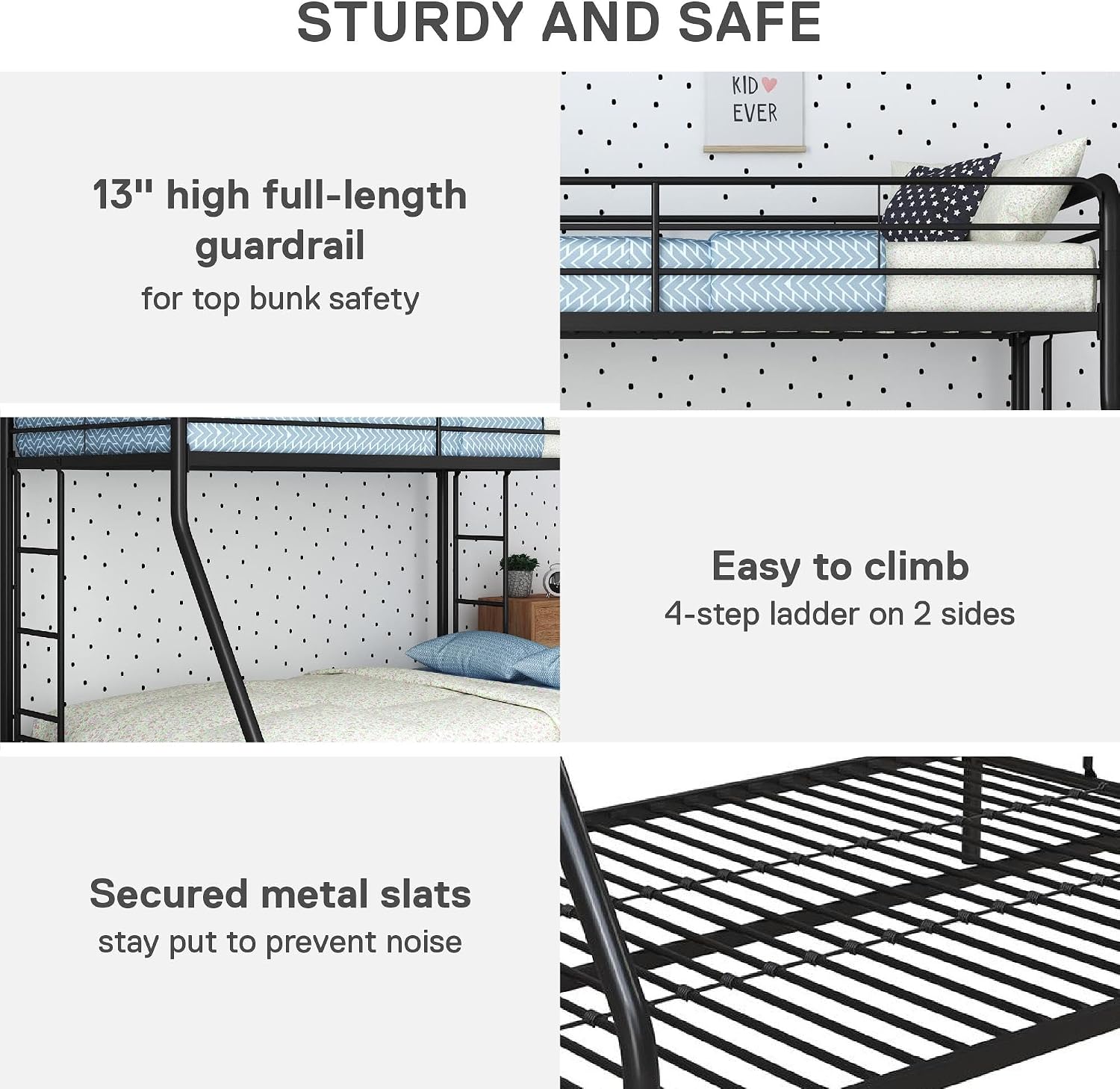 DHP Twin-Over-Futon Convertible Couch and Bed with Metal Frame, Ladder and Guardrails - Black