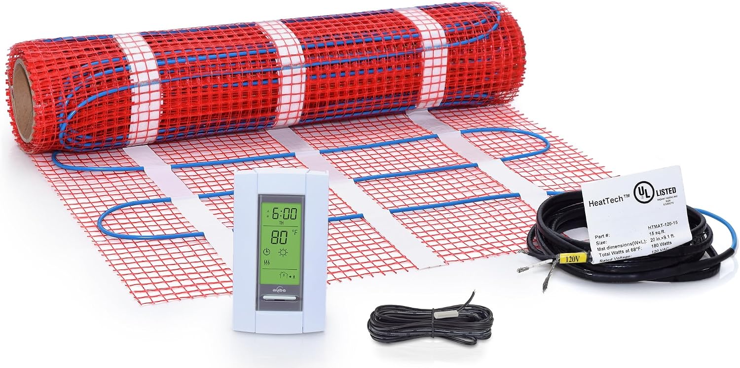35 sqft Floor Heating Mat Kit, 120V Electric Radiant Floor Heat Heating Mat System with Adhesive Backing, Aube TH115-AF-120S Programmable Floor Sensing Thermostat w/Floor Sensor. Tile, Stone, Marble