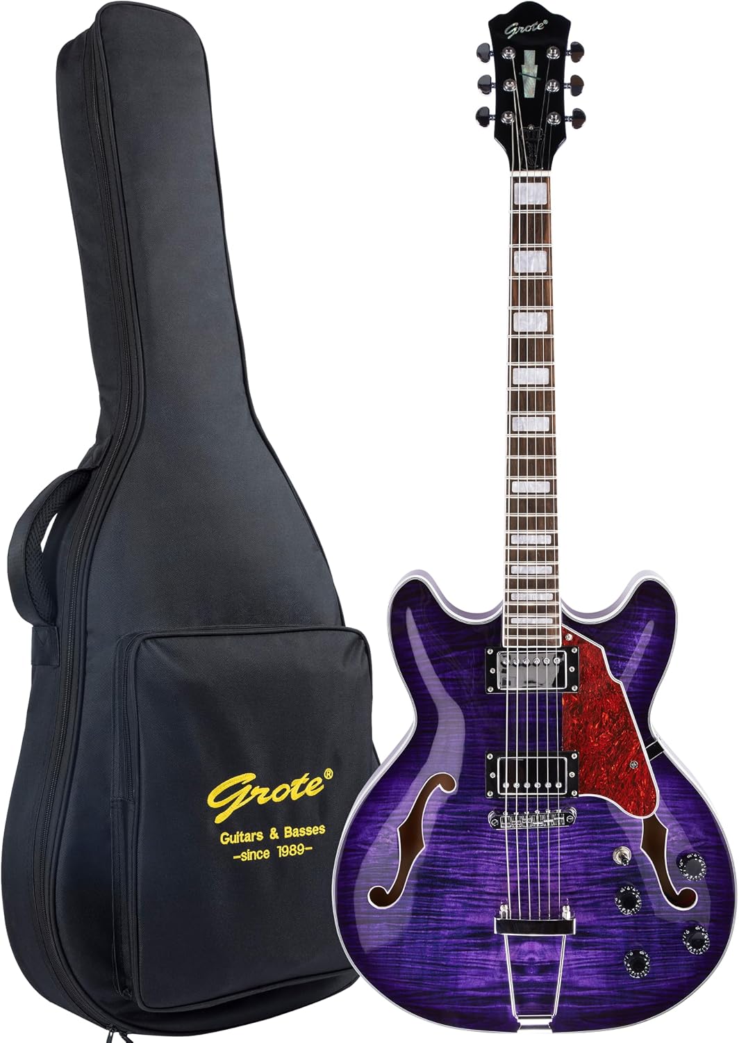 GROTE Jazz Electric Guitar Semi-Hollow Body Trapeze Tailpiece Bridge Guitar Gig Bag (RED)