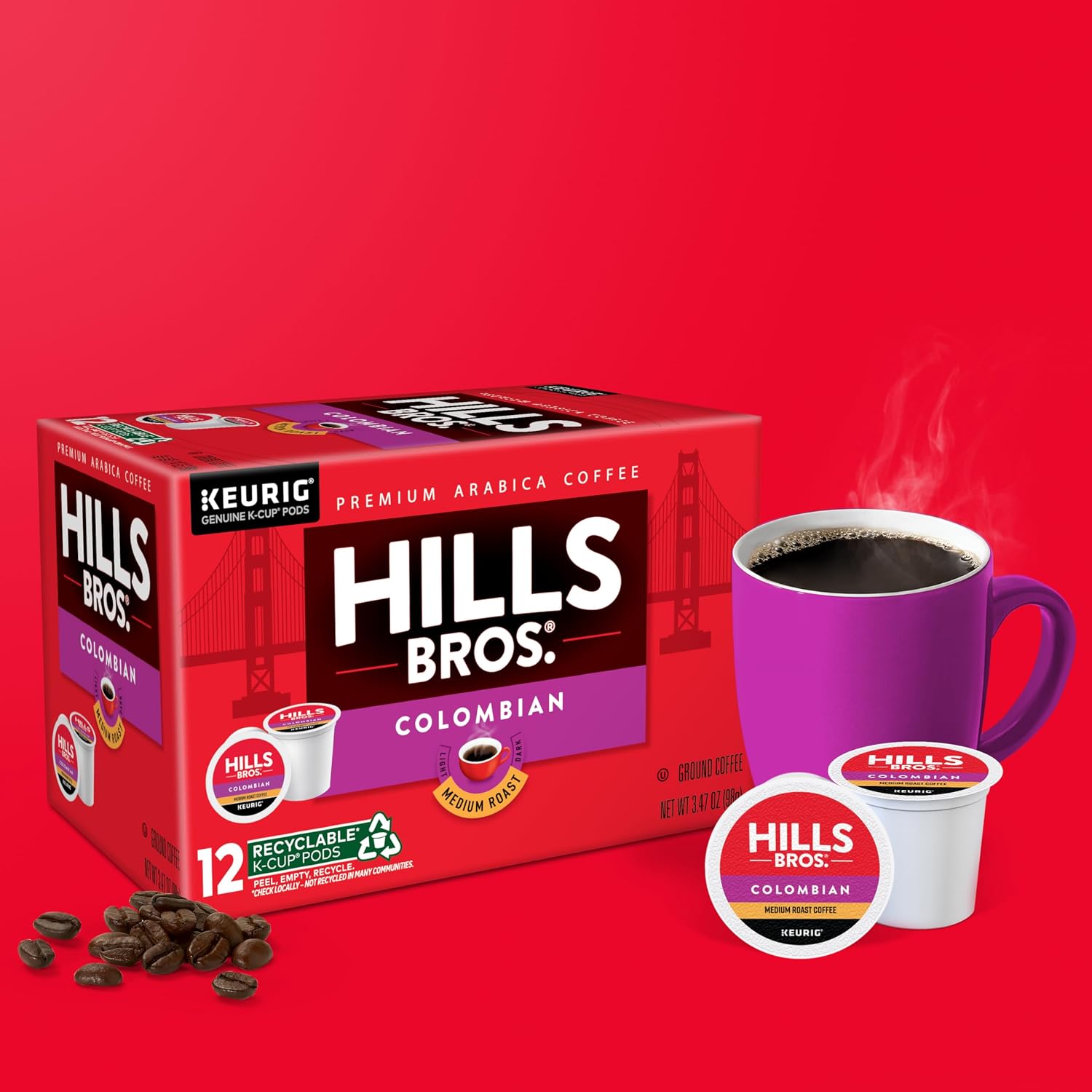 Hills Bros Single Serve Coffee Pods, 100% Colombian Ground Coffee, Medium Roast, 12 Count – Keurig Compatible, Roasted 100% Arabica Beans, Smooth Balanced Flavor