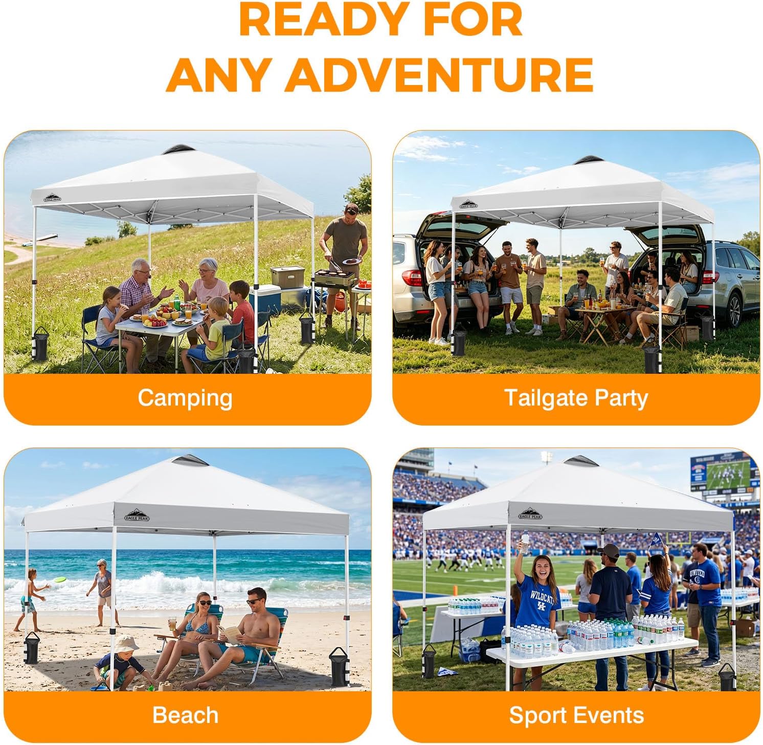 EAGLE PEAK 10x10 Pop Up Canopy Tent Easy Up Canopy Outdoor, White | Patented PeakPush™ Center Lock, 1 Person Setup Portable Pop Up Tent, Beach, Markets, Camping Sport Events, Wheeled Carry Bag