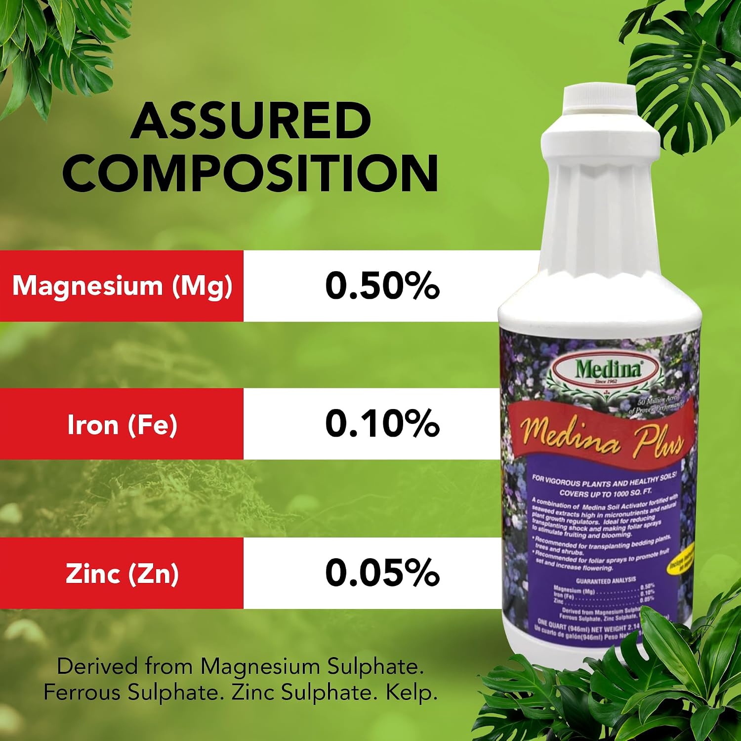 Medina Plus Soil Activator - Liquid Soil Loosener for Lawns & Gardens - Micronutrient-Rich Soil Conditioner & Softener - Used with House Plant Fertilizer, Liquid Plant Food for Houseplants - 1 End Qt