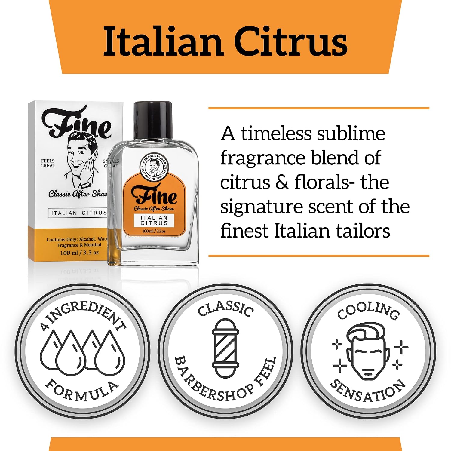 Fine Italian Citrus Classic Aftershave for Men, Made in USA, Four Simple Ingredients, Cooling MentholSplash, Inspired by a 1916 Mediterranean Classic, Bergamot Neroli Petitgrain Scent, 100ml
