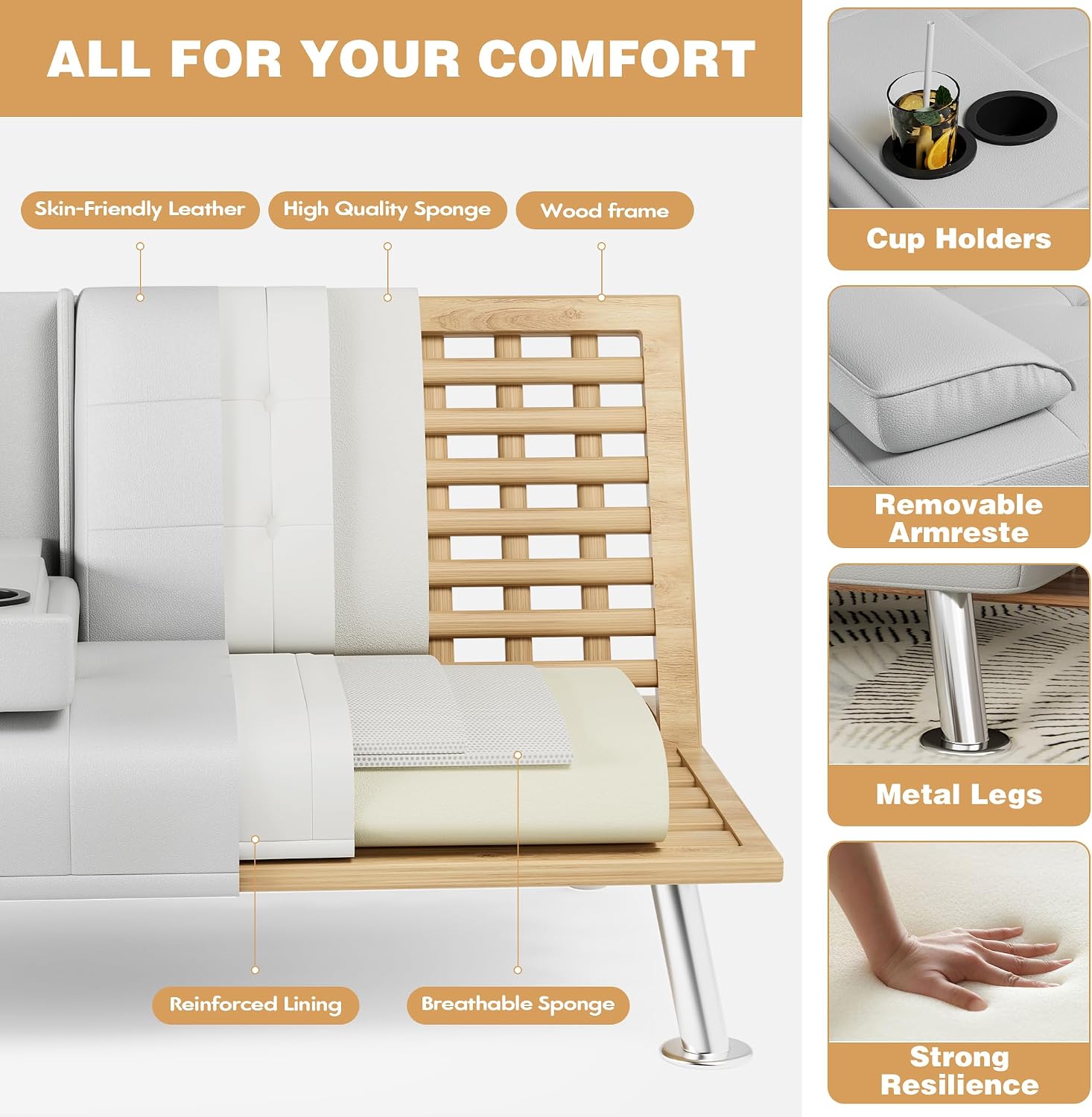 JUMMICO Faux Leather Futon Sofa Bed, Sleeper Sofa with Adjustable Backrest