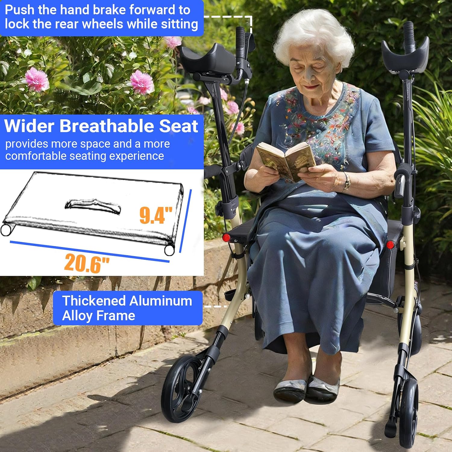Aliseniors Upright Walker for Seniors - Big Stand Up Walker with Wide Seat, Foldable 4 Wheel All-Terrain Rolling Walker, Adjustable Armrests, 300lbs, Improves Posture & Reduces Back Strain | 20.6" Wide Seat, Foldable Rollator, 8" All-Terrain Wheels, Adju…