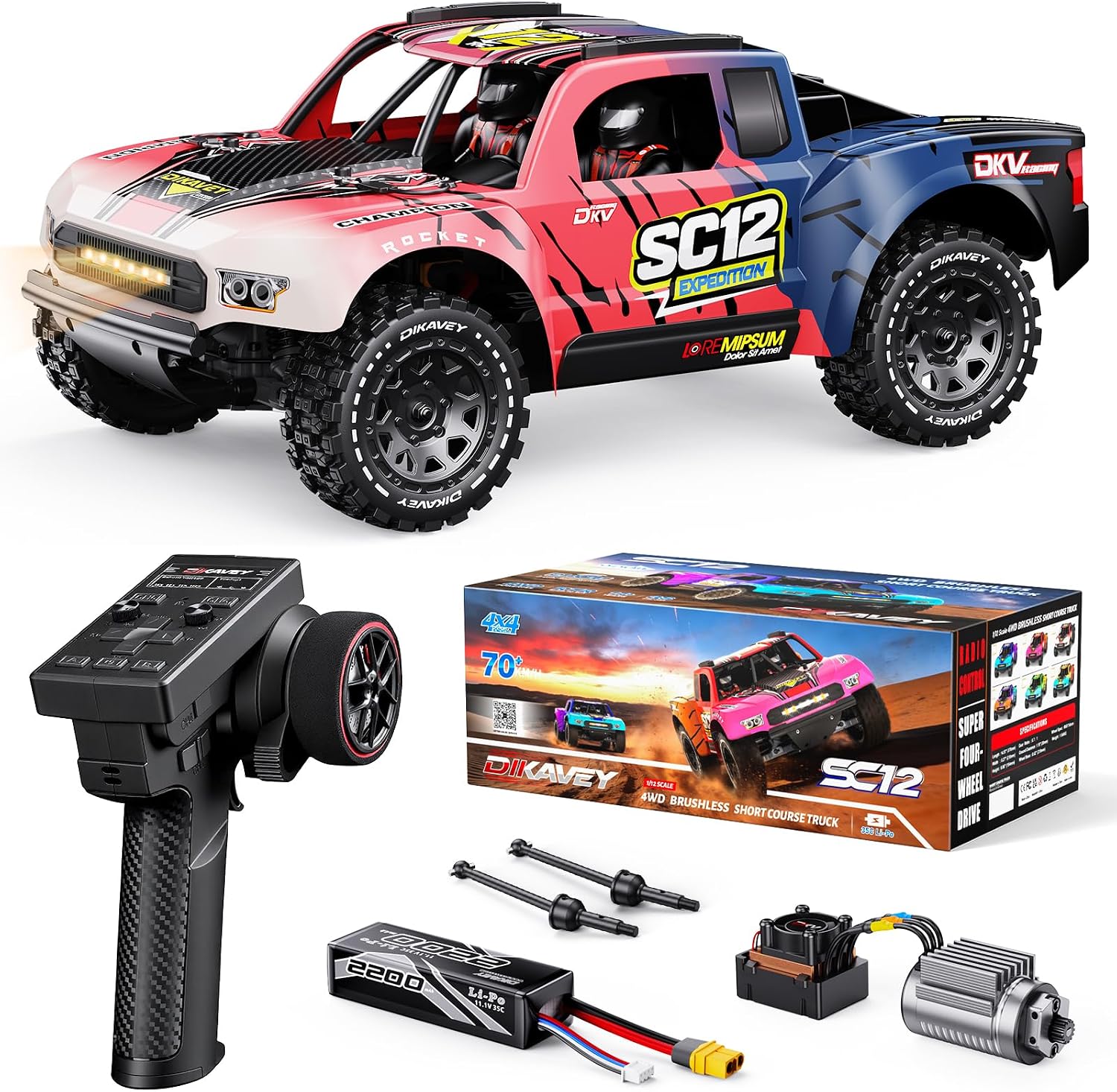 1/12 Brushless Remote Control Car RTR, 42MPH (70+Km/H 4WD Rc Short-Course Truck, Amateur-Level Rc Drift Car, Equipped with 3s 2200 Mah Battery, All-Terrain Tires, Suitable for Adults-RED