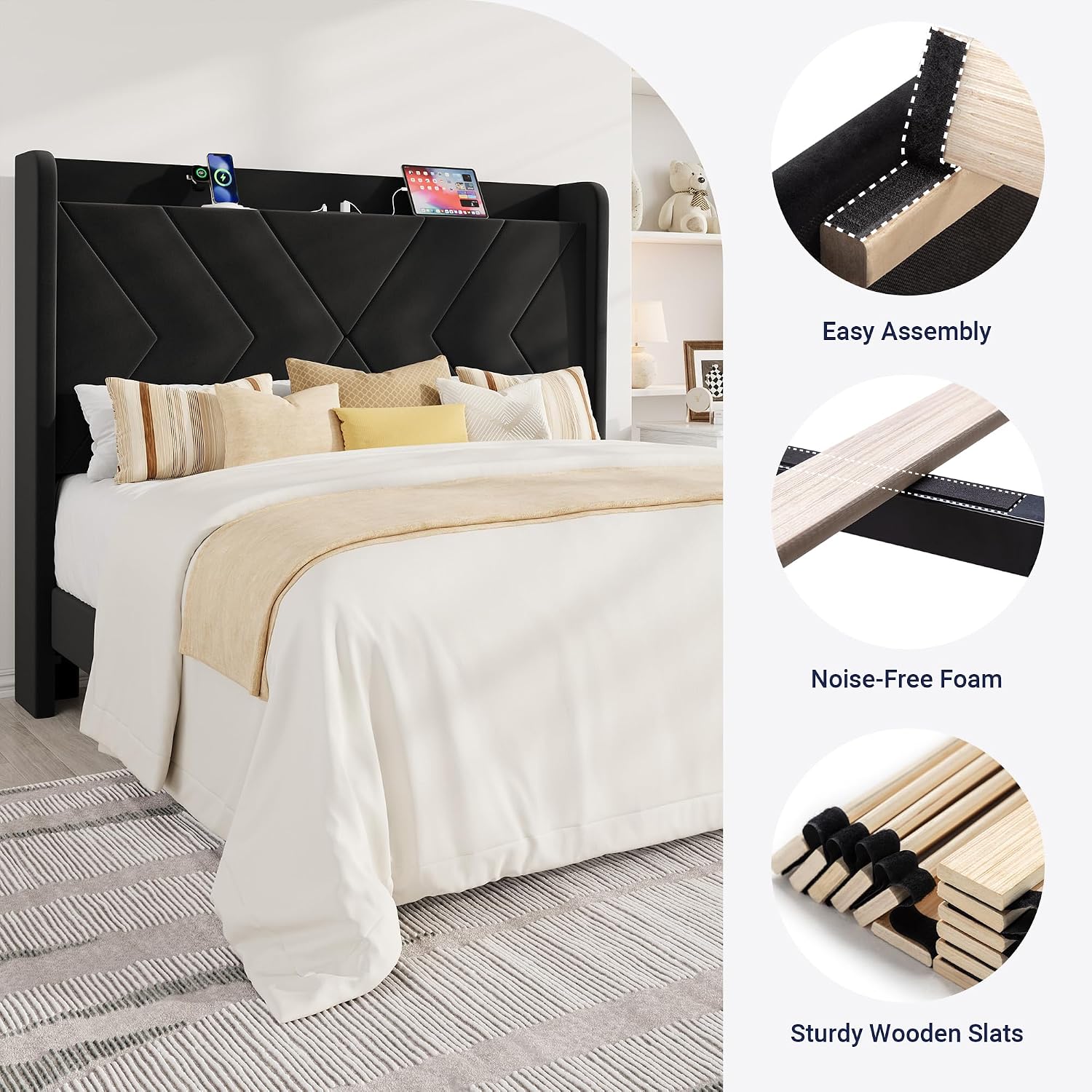 Allewie Full Size Platform Bed Frame with Charging Station and Storage Shelf/Upholstered Velvet Wingback Headboard/Wooden Slats Support/No Box Spring Needed/Easy Assembly, White