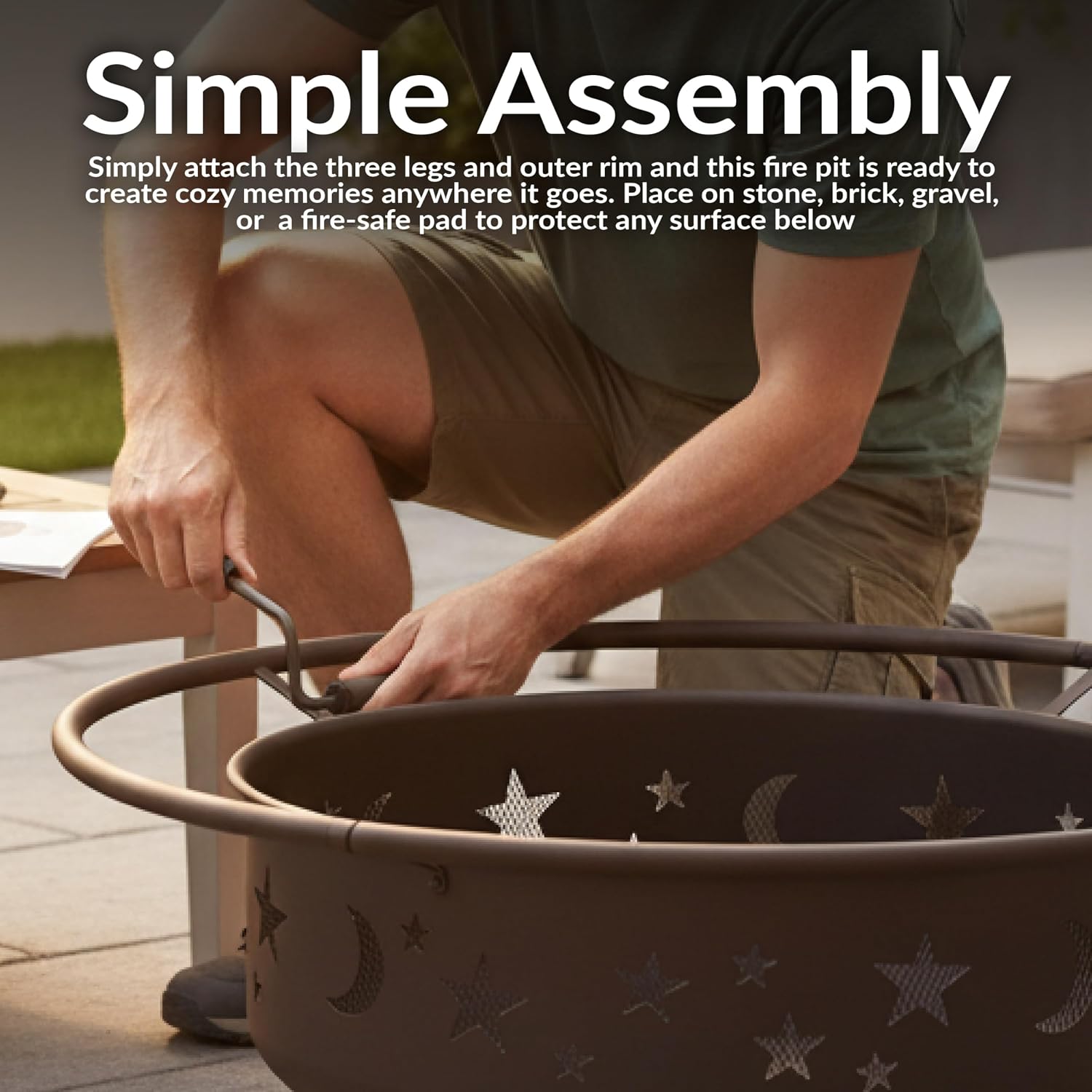 Sunnydaze Cosmic 42" Large Outdoor Fire Pit, Wood Burning, 34" Bowl Dia | Bronze, Heavy Duty Steel Metal, Includes Spark Screen, Wood Grate, & Poker, Round Backyard Firepit for Outside, Patio, Deck