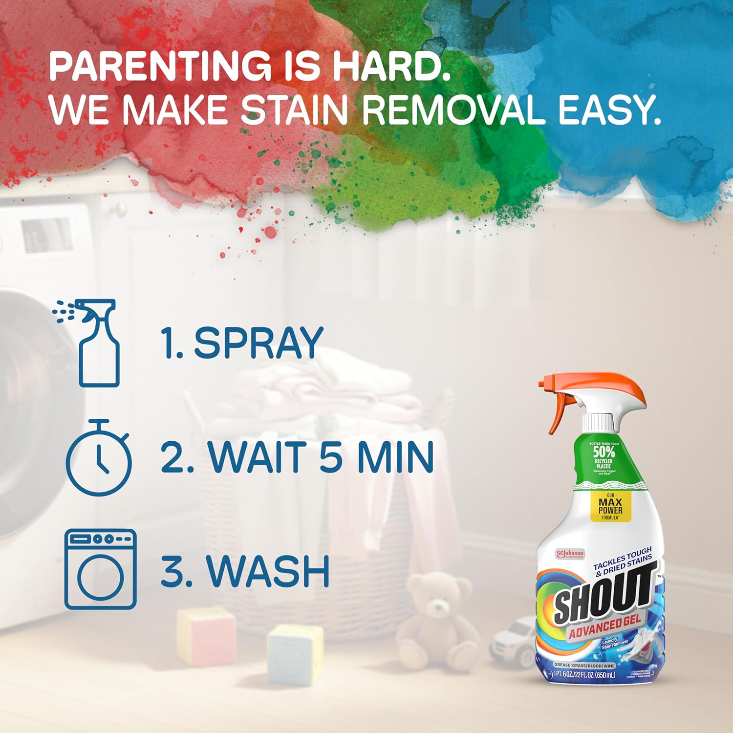 SHOUT Advanced Laundry Stain Remover Gel for Clothes Laundry, Breaks Down Stubborn, Dried-in, and Tough Stains, 22oz Spray, Pack of 3 (Packaging May Vary)