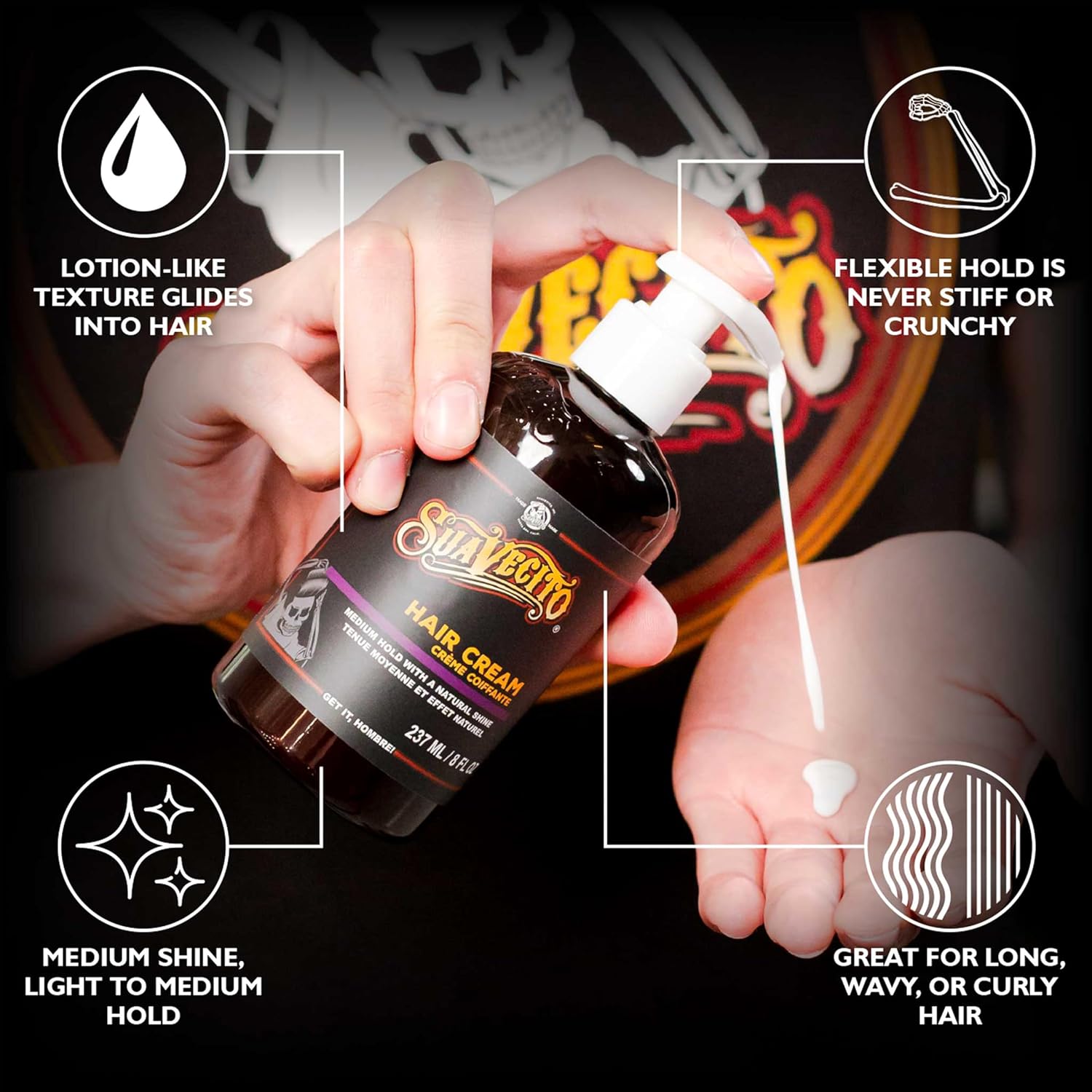 Suavecito Hair Cream for Men - Pump Bottle, Light Hold, Natural Shine, Water Based, Tames Frizz, Great for Curly Hair