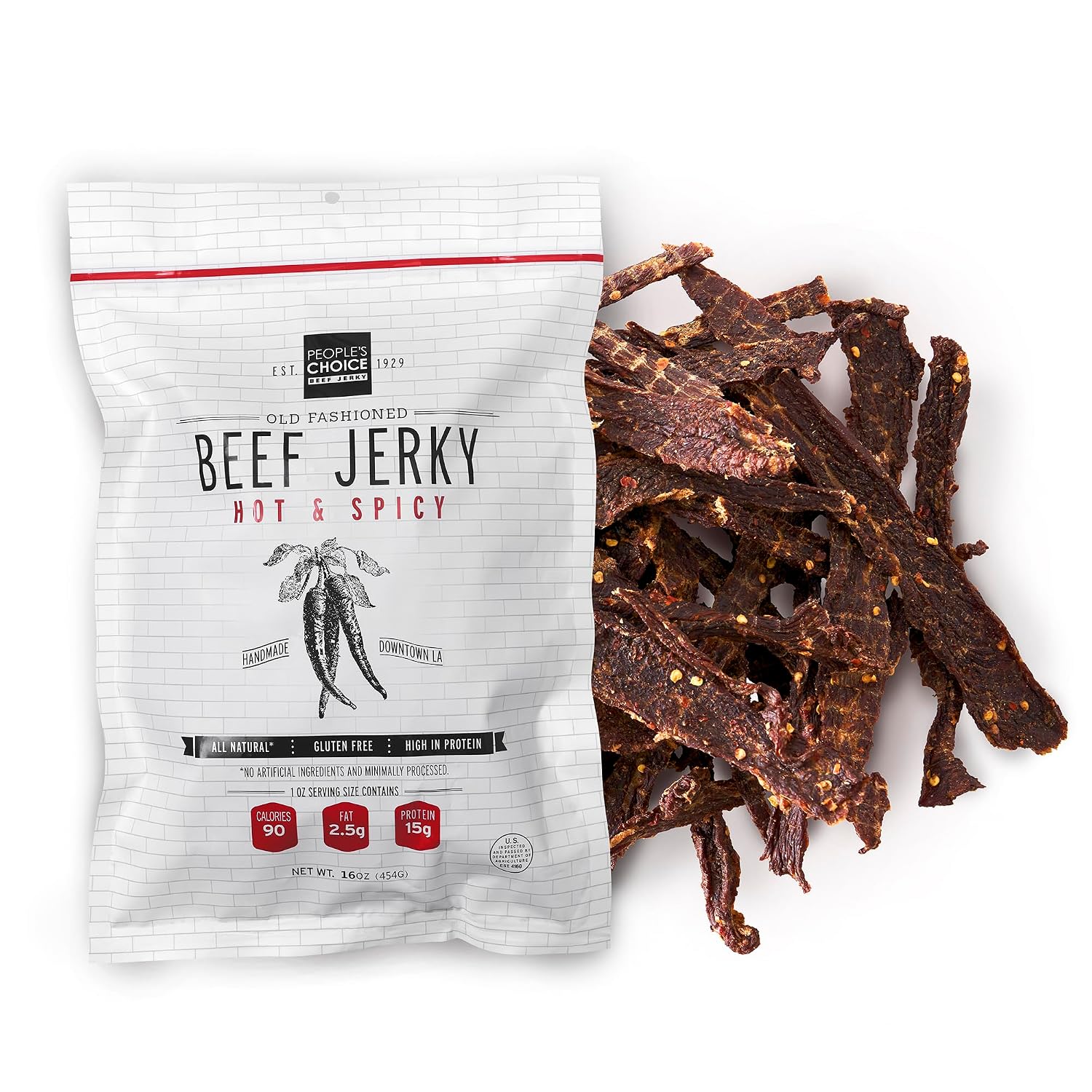 People's Choice Beef Jerky - Sugar Free, 15g Protein - Hot & Spicy 16 oz | Zero Carb, Dry Style Strips, Whole Muscle Cuts, Gluten Free, Soy Free