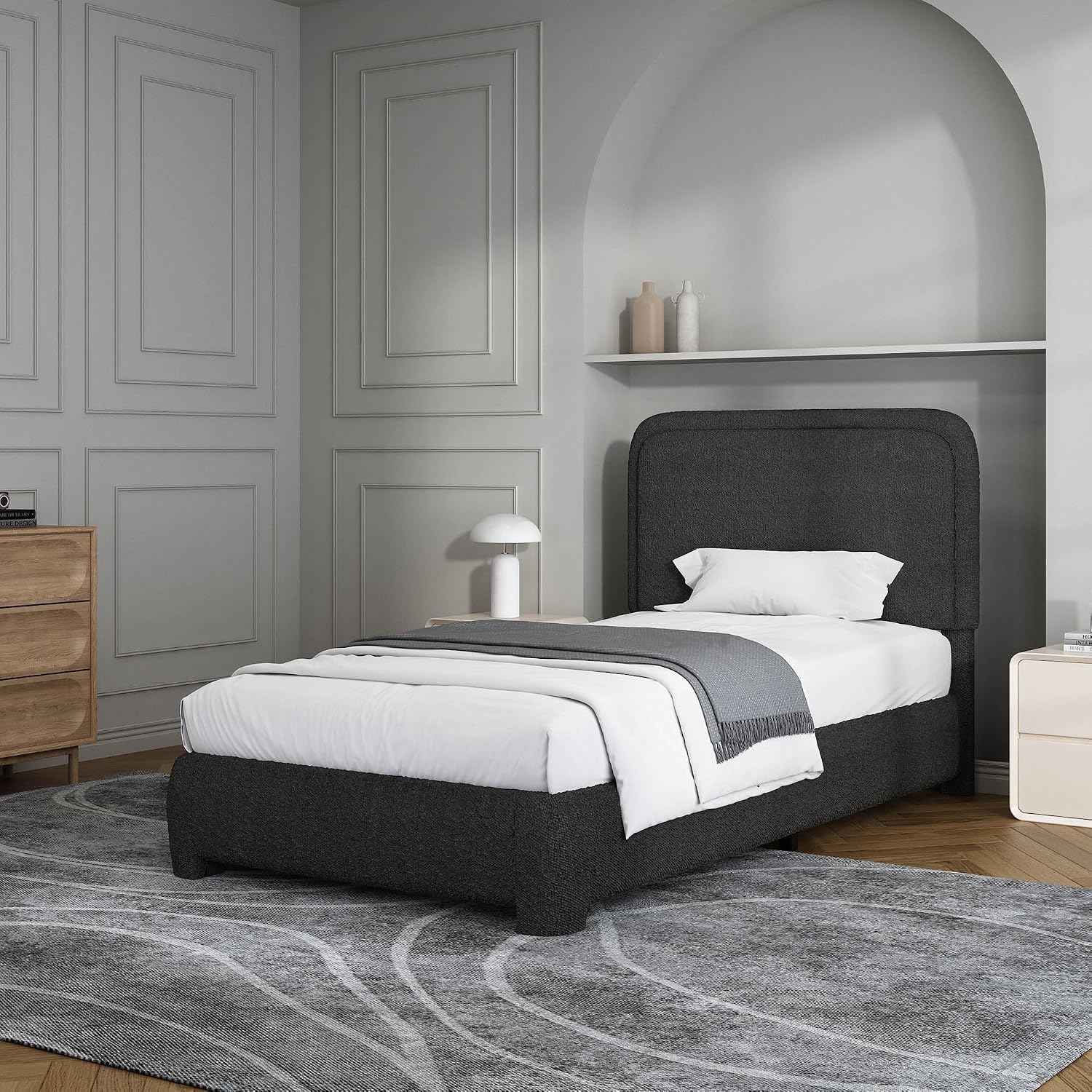 BarnFurin Full Bed Frame, Cloud Boucle Headboard, Rounded Corners, White | Soft boucle and rounded edges create a low-profile cloud look. Wooden slats support the mattress without a box spring