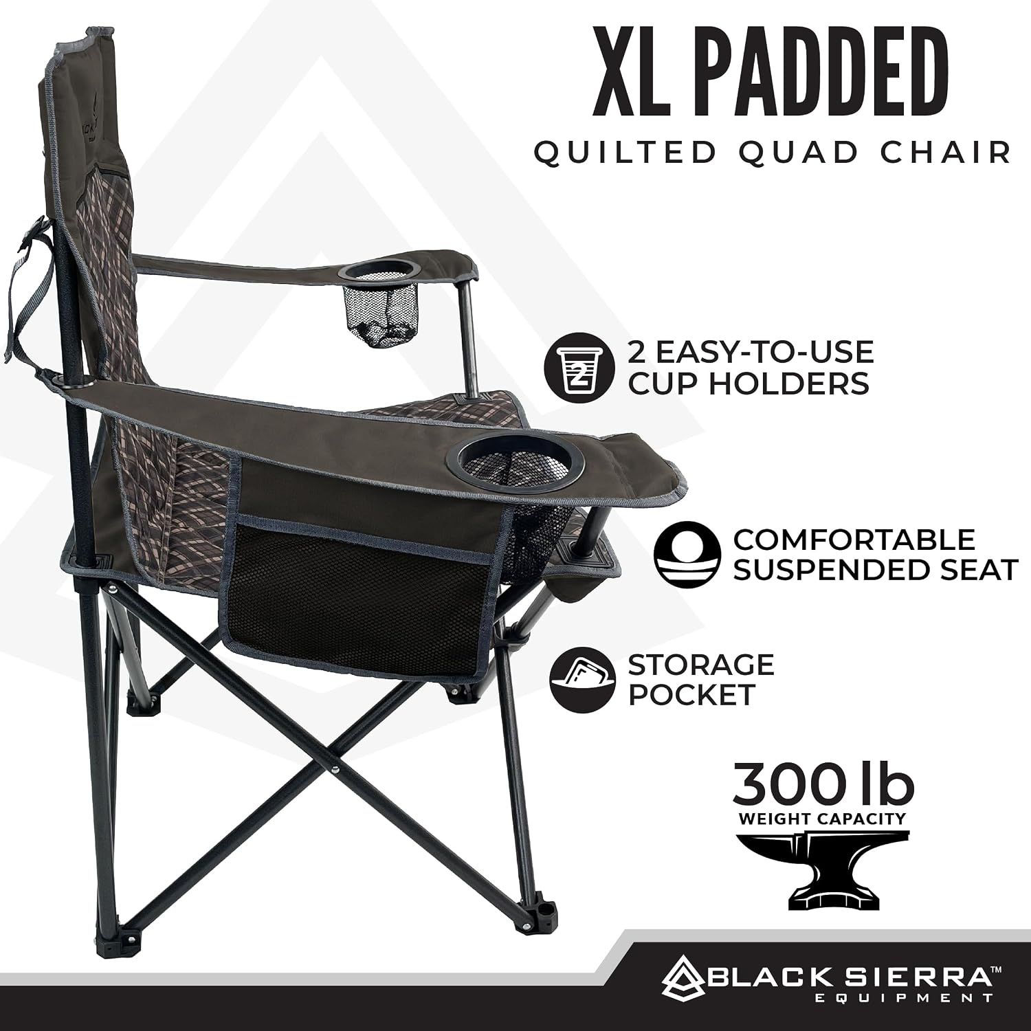 Black Sierra Quilted Padded Camping Chair, Oversized Heavy Duty Outdoor Lounge Seat Supports 300 lbs, Portable, Folding with Cup Holder for Beach, Tailgating, Sports, Patio