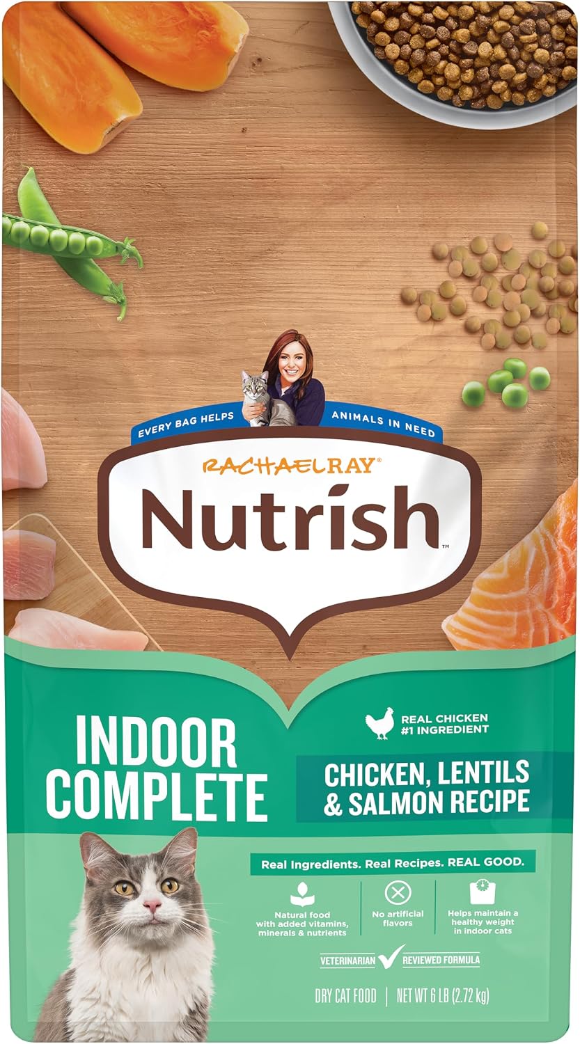 Nutrish Indoor Complete Dry Cat Food, 3 lb. Bag (Rachael Ray) | Chicken, Lentils & Salmon Recipe, Crafted for Adult Indoor Cats, Veterinarian Reviewed Formula