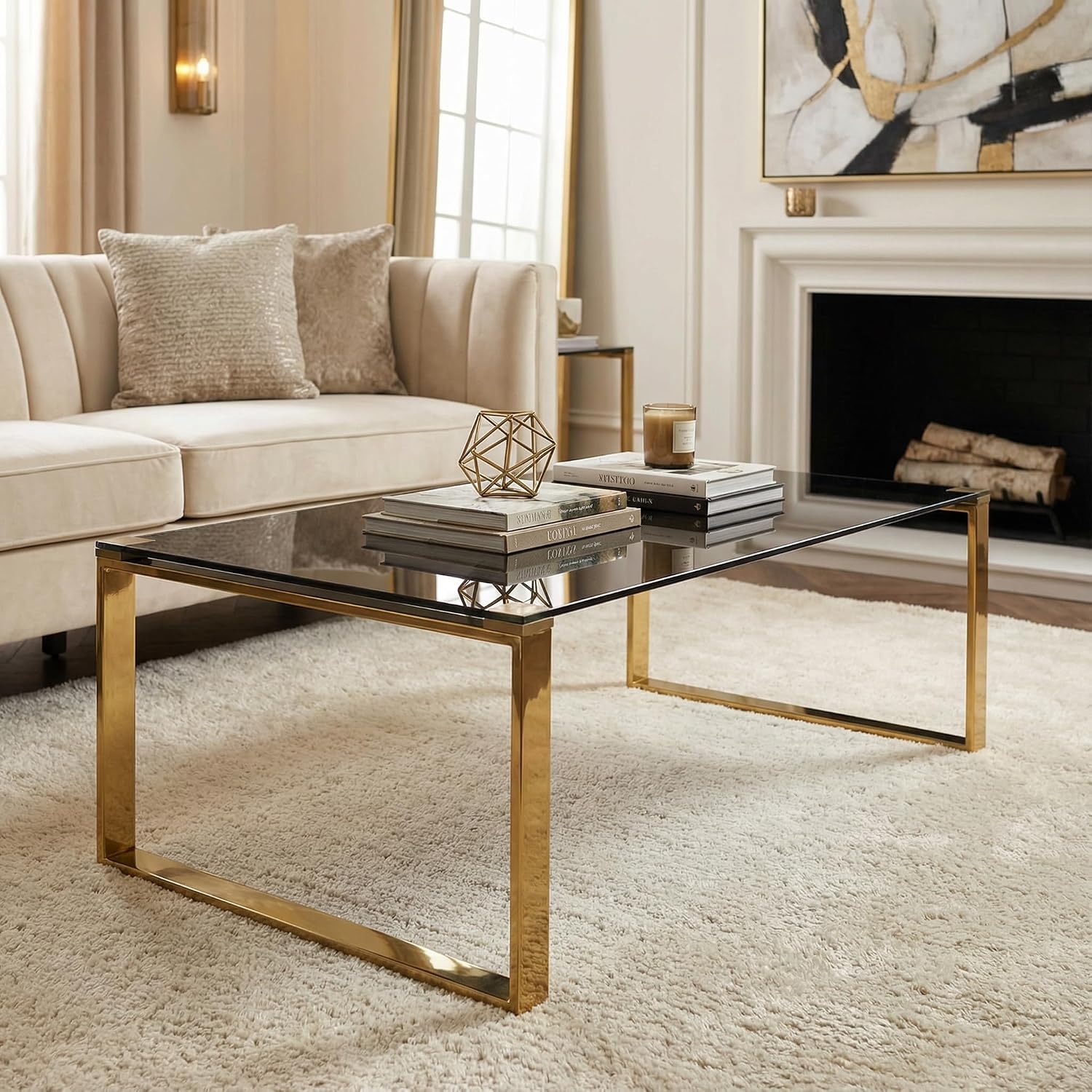 Cortesi Home CH-ET636045 Remini End Table, Gold Metal and Black Glass, End Table 18"
