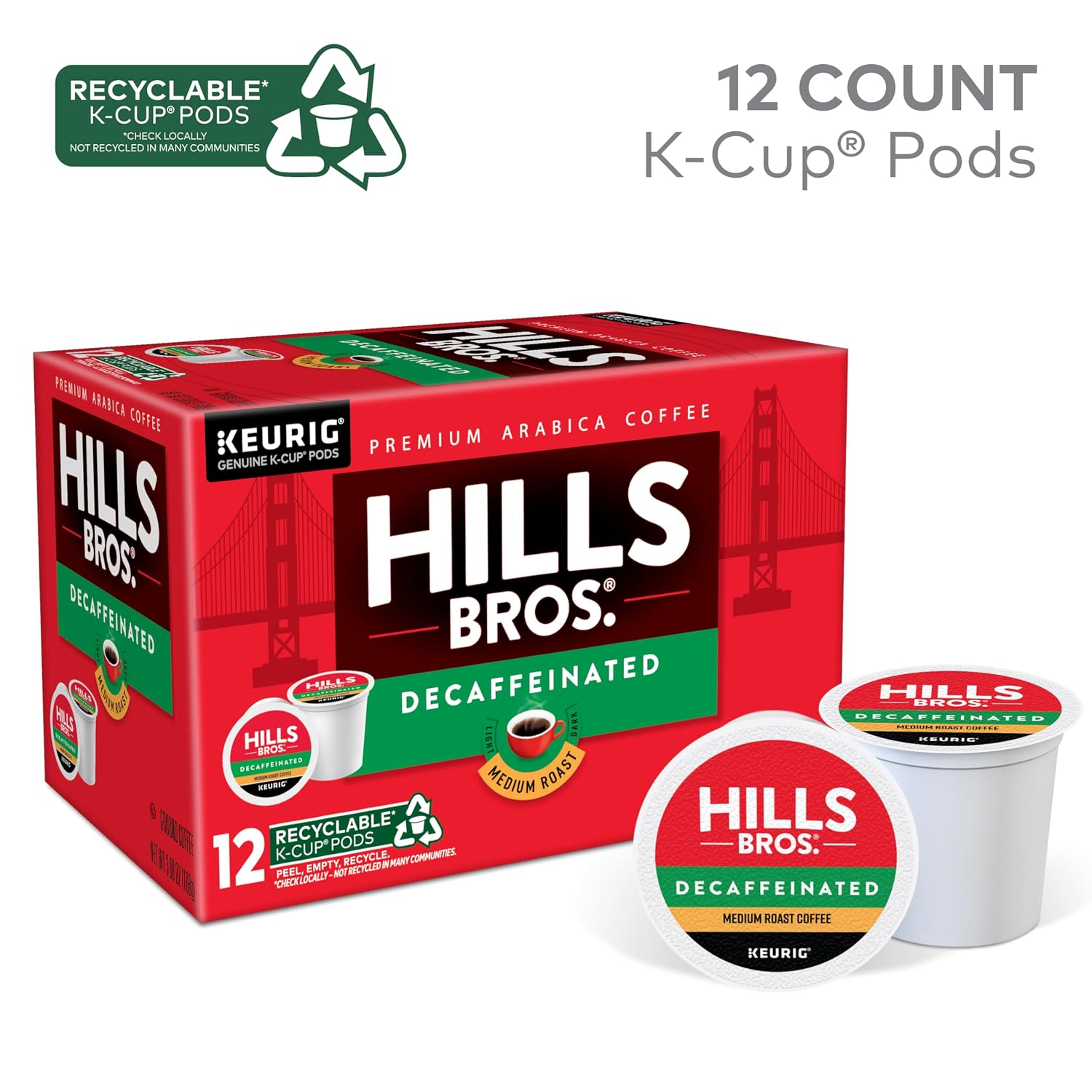Hills Bros Single Serve Coffee Pods, 100% Colombian Ground Coffee, Medium Roast, 12 Count – Keurig Compatible, Roasted 100% Arabica Beans, Smooth Balanced Flavor