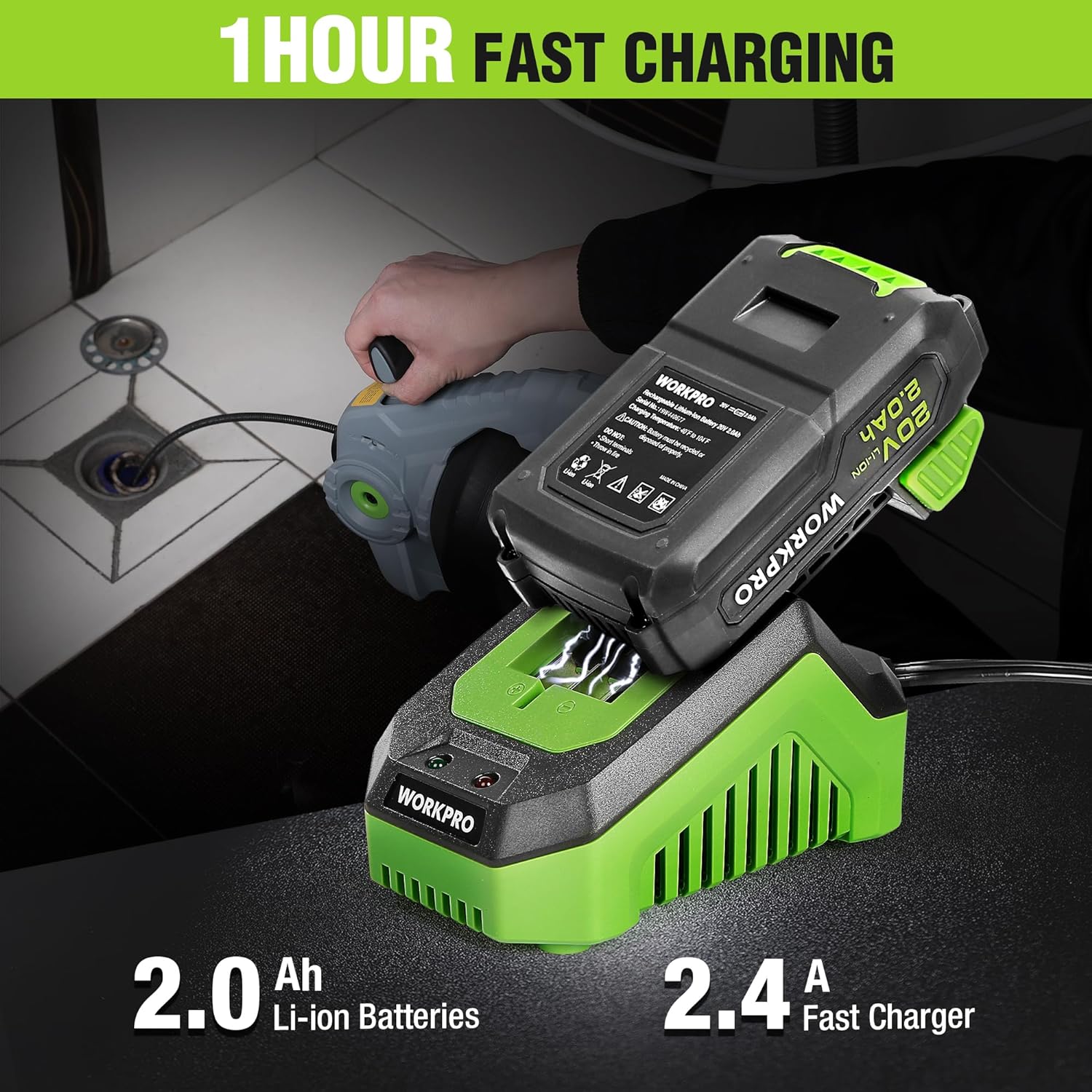 WORKPRO 20V Cordless Electric Drain Auger, 25 ft Plumbing Snake, 2.0Ah Battery | Suitable for 3/4" to 2" Pipes, Including Sinks, Toilets, Showers