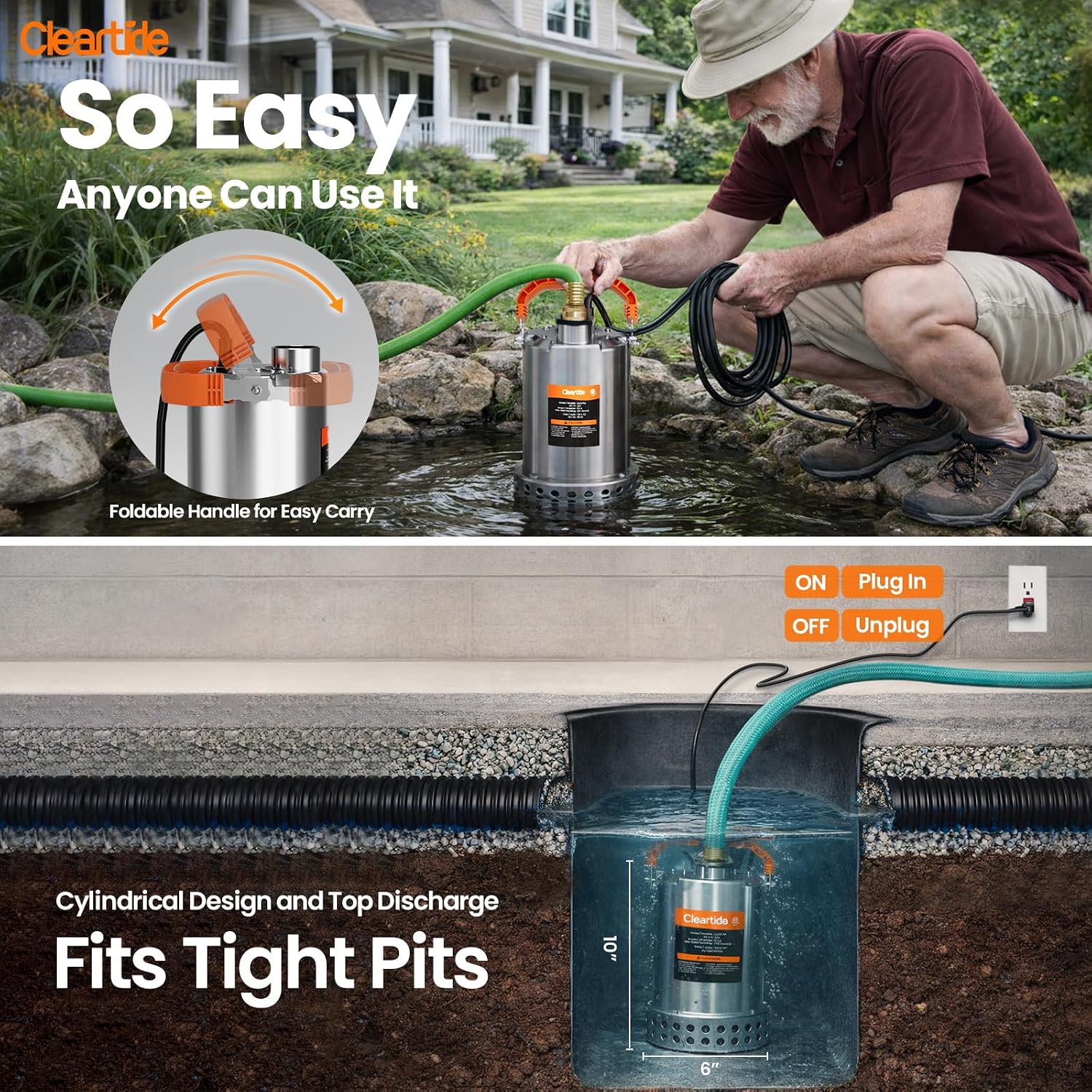 Stainless Steel Submersible Utility Water Pump, 3/4 HP 3780 GPH, Thermoplastic Portable Plug & Work, Ideal for Pool, Flooded Basement, Hot Tub, Pond & Garden Draining, 10 FT Cord