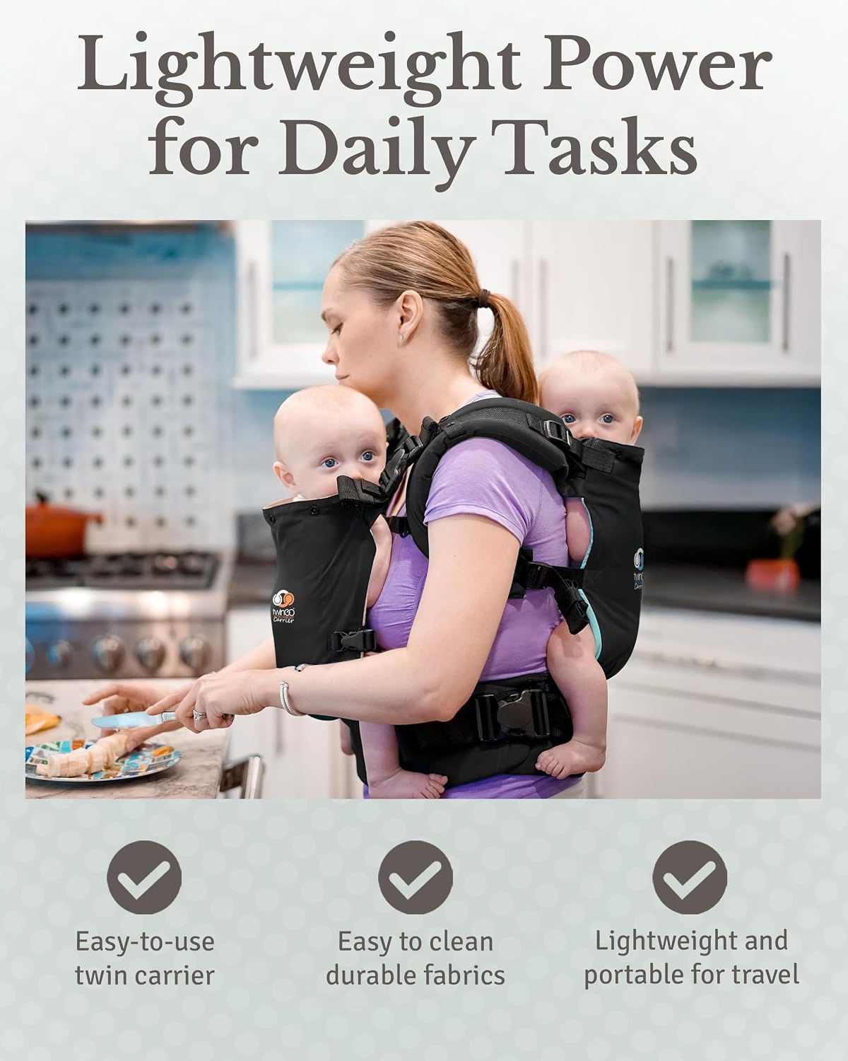 TwinGo Baby Carrier Lite Model – Adjustable Twin Carriers for 2 Babies for Front & Back Carry – 26–55 in Waistband