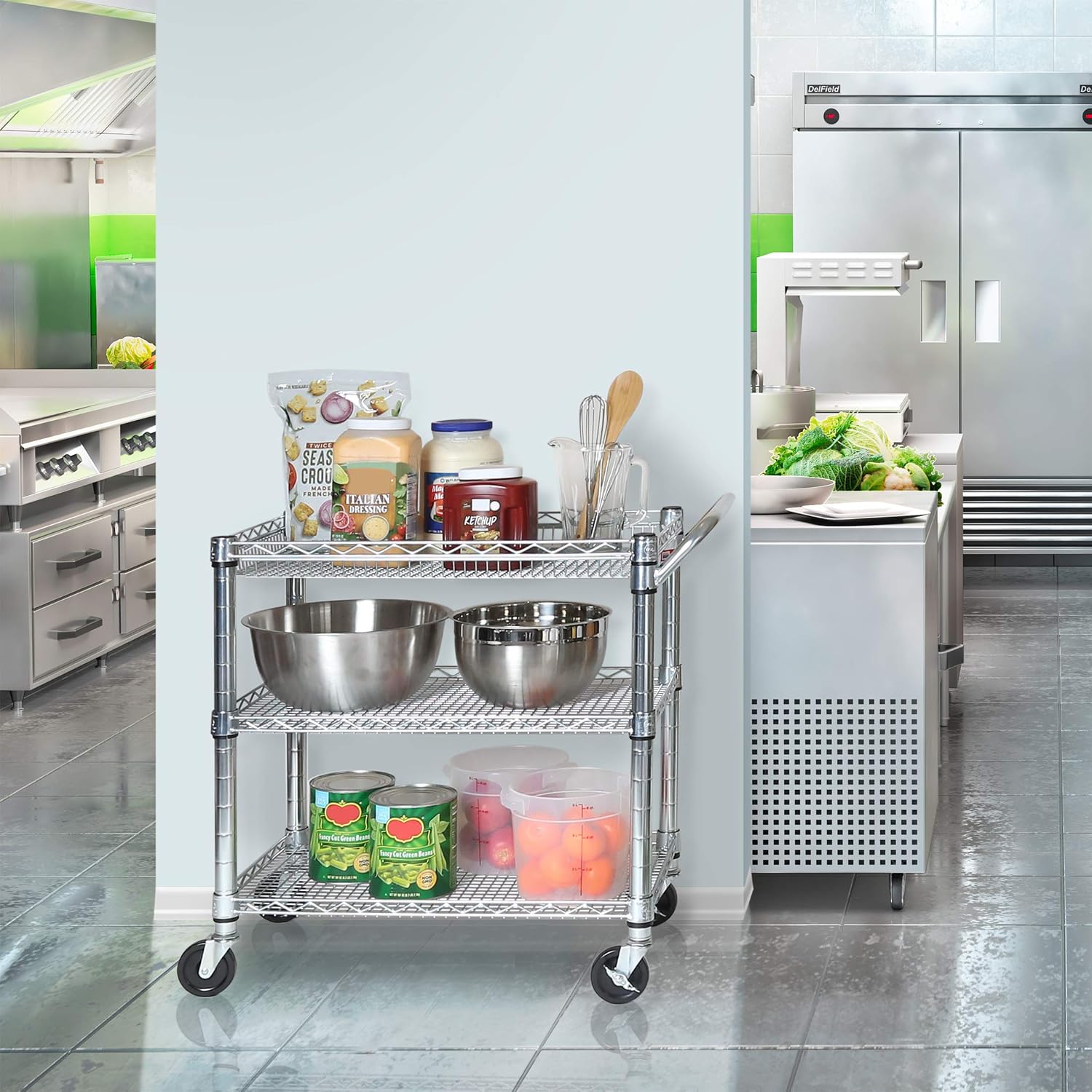 Seville Classics UltraDurable NSF Commercial Heavy Duty Metal Rolling Utility Cart, w/ Steel Shelves, Handle Bar for Restaurant, Garage, Warehouse, Kitchen, Office, Top Shelf (36"W x 18"D)