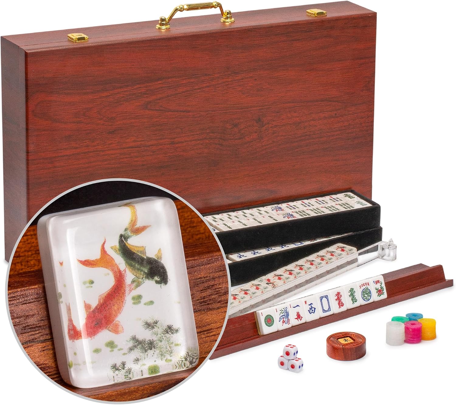 Yellow Mountain Imports American Mahjong Set, Little Birdie with Wooden Case, Wooden Racks with Acrylic Pushers, Wright Patterson Scoring Coins, Dice, & Wind Indicator