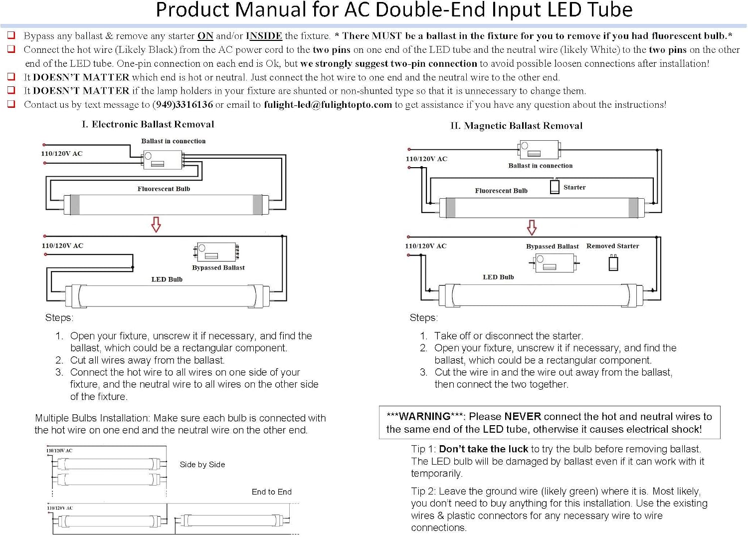 Flicker-Free Type B T8 LED Tube Light, 2FT, Warm 3000K, 85-265V AC | 24-Inch, F17T8, F18T8, F20T10, F20T12/WW Compatible, Double-End Powered, Frosted Cover, Not a Plug-and-Play