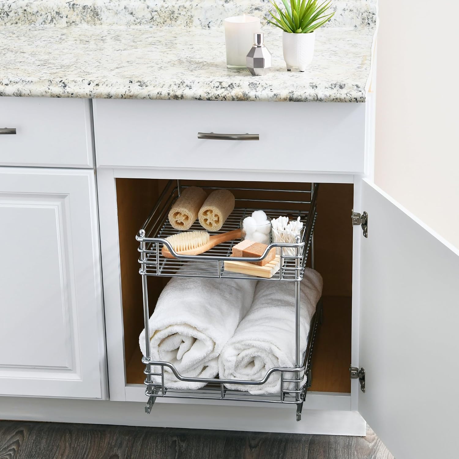 Household Essentials Glidez 2‑Tier Multipurpose Chrome‑Plated Steel Pull‑Out/Slide‑Out Under Cabinet Organizer, Chrome Finish