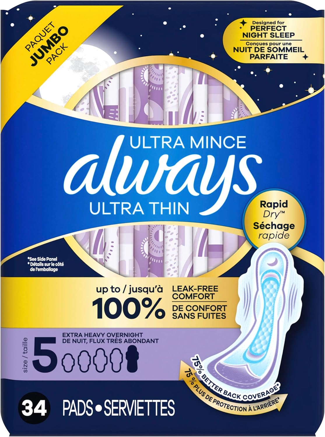 Always Ultra Thin Feminine Pads with Wings for Women, Size 5, Extra Heavy Overnight Absorbency, Unscented, Up to 100% Leak-Free Comfort, 34 Count