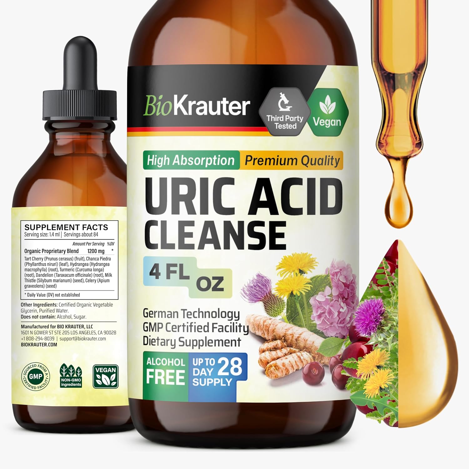 BIO KRAUTER® 7-in-1 Uric Acid Support Supplement with Tart Cherry, Dandelion Root, Cranberry