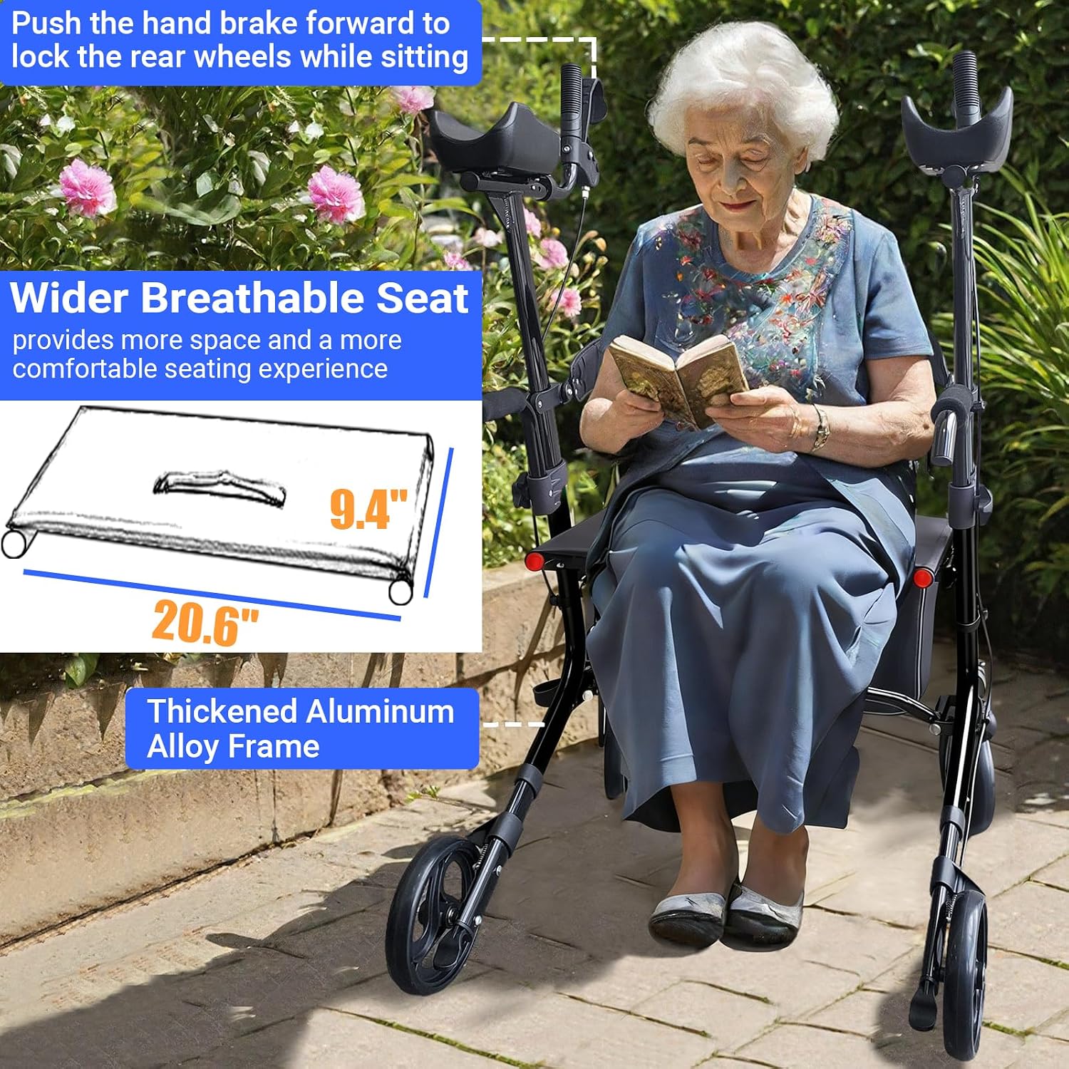Aliseniors Upright Walker for Seniors - Big Stand Up Walker with Wide Seat, Foldable 4 Wheel All-Terrain Rolling Walker, Adjustable Armrests, 300lbs, Improves Posture & Reduces Back Strain | 20.6" Wide Seat, Foldable Rollator, 8" All-Terrain Wheels, Adju…