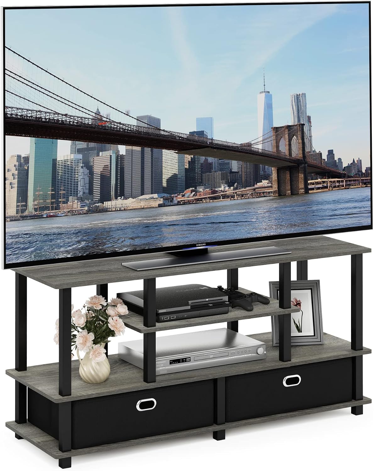 Furinno Moretti 3-Tier Metal Frame TV Stand, French Oak Grey