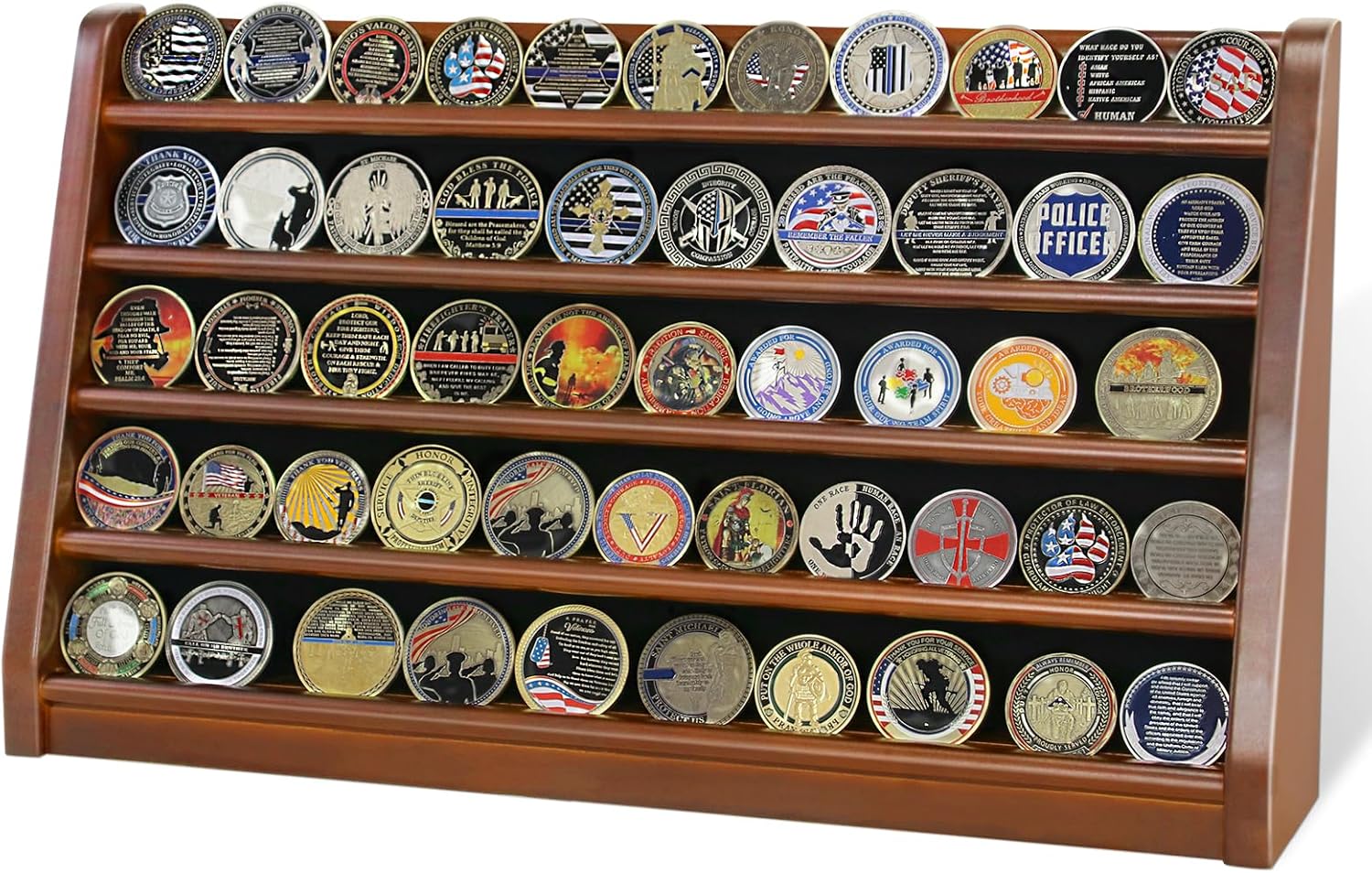 ASmileIndeep 3 Rows Wooden Challenge Coin Wall Display Stand - Military Coin Holder Army Coins Rack, Holds 21-24 Coins, Mahogany