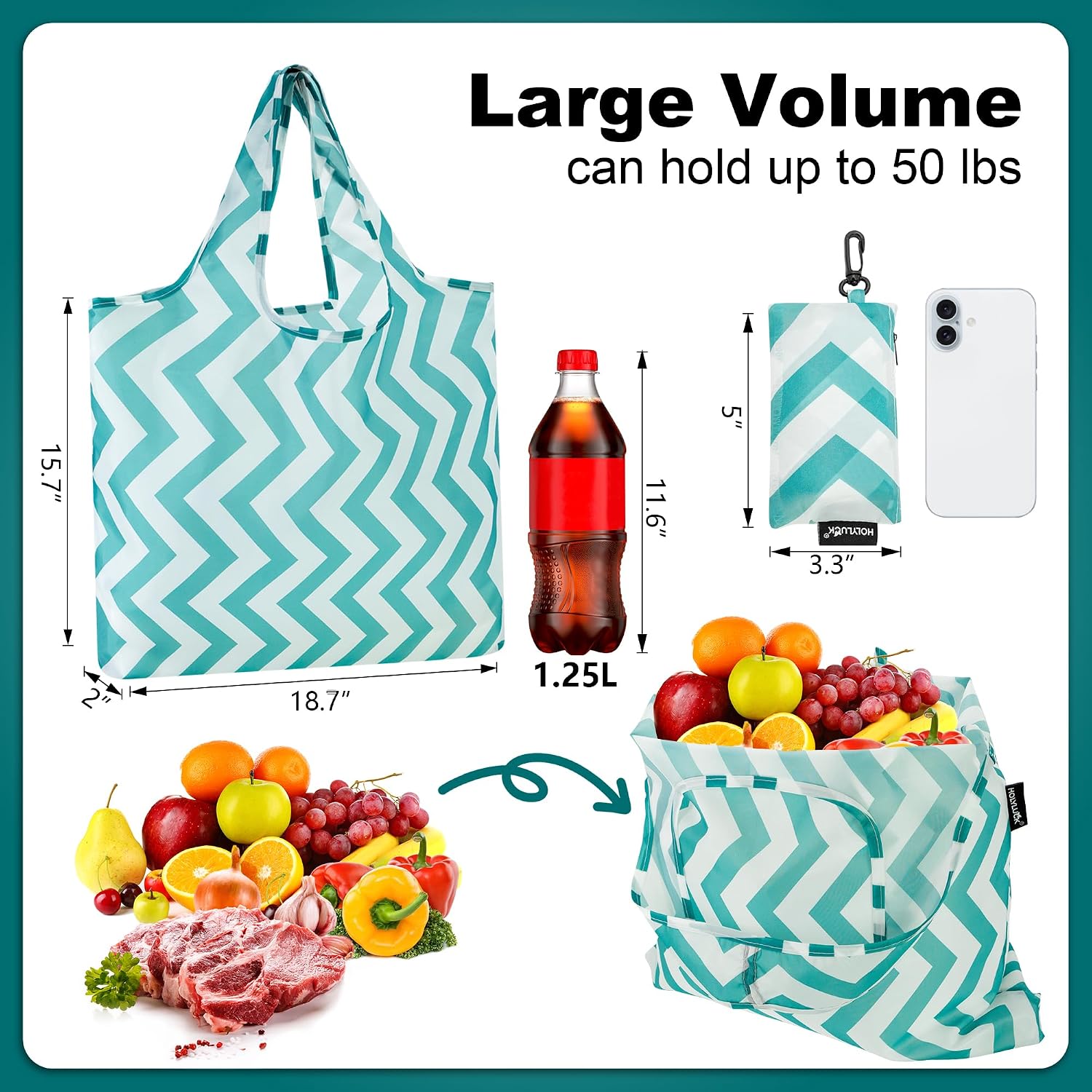 HOLYLUCK Reusable Grocery Bags,Heavy Duty Foldable Shopping Tote Bag (Standard, 3 Blue Geometric Flowers)