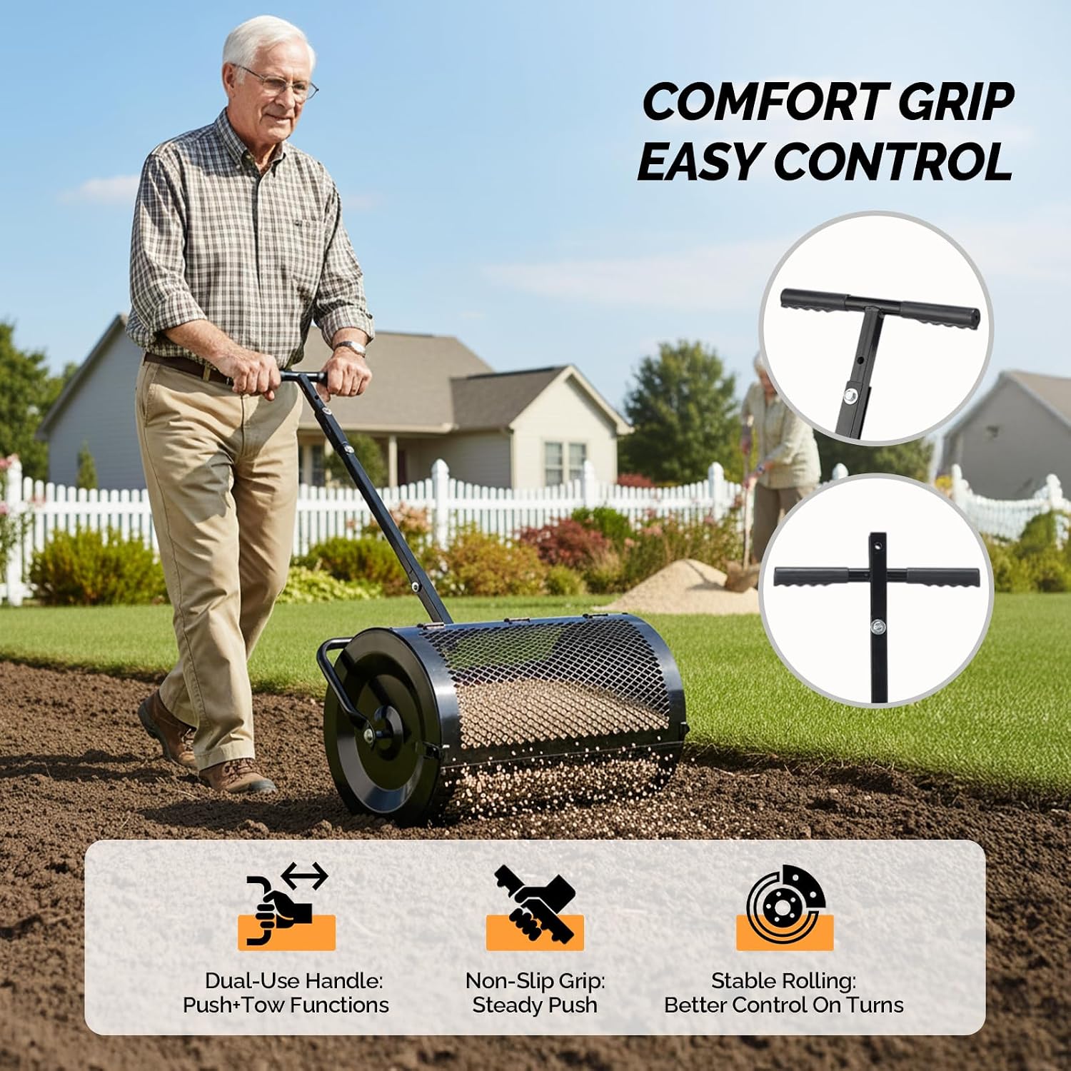 VINGLI Compost Spreader, 24 inch Peat Moss Spreader with Height Adjustable Handle, T Shaped Handle Peat Moss Roller, Seed Spreader for Lawn Backyard Outdoor (24"-Black & Yellow)