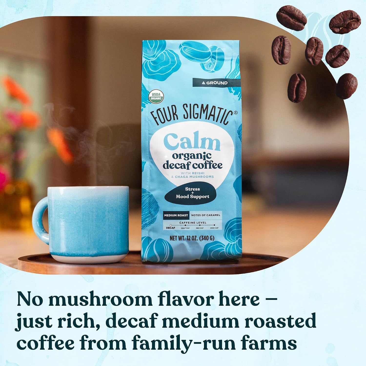 Four Sigmatic Organic Focus Mushroom Ground Coffee | Dark Roast, Organic Coffee with Lion's Mane & Chaga Mushroom for Mental Clarity & Energy Support | 12oz Bag