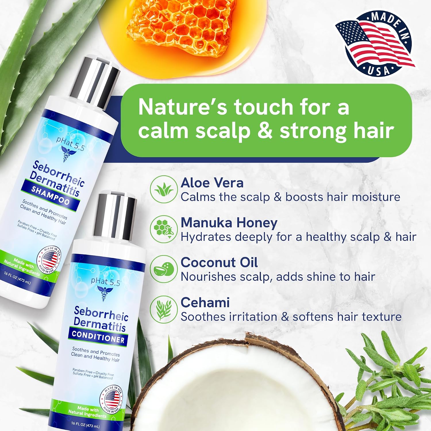 Sulfate Free Shampoo and Conditioner Set for Seborrheic Dermatitis Relief - Severe Dry & Itchy Scalp Treatment with Manuka Honey, Aloe Vera & Coconut Oil - Safe for Color Treated Hair (8 oz)