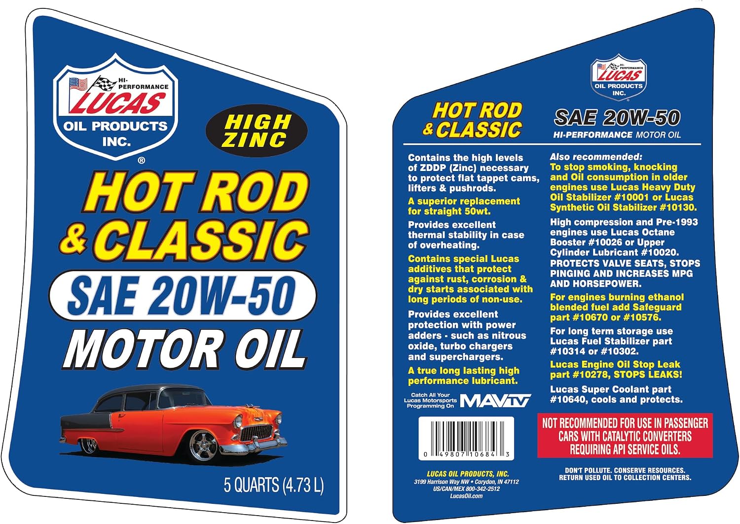 Lucas Oil 10688 Hot Rod and Classic Car SAE 10W-40 Motor Oil - 1 Quart