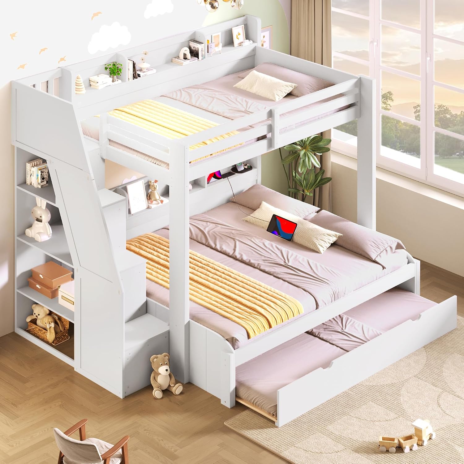 Bellemave Full Over Full Bunk Beds with Stairs Stairway Bunk Bed Frame with Storage Shelves for Teens Adult, Detachable Wood Full Bunk Bed, Gray