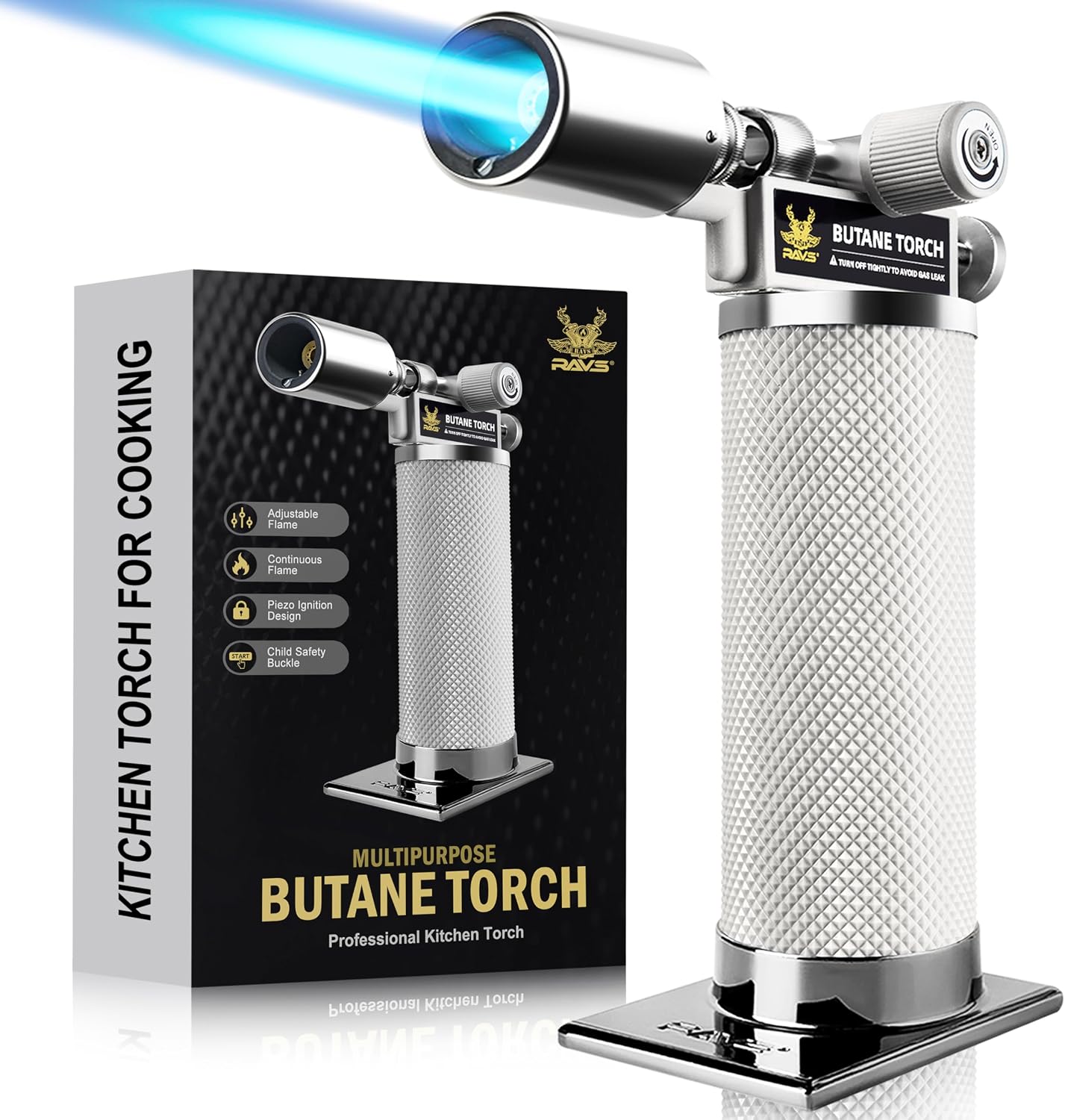 RAVS Butane Torch Lighter, Premium Metal Kitchen Torch with Adjustable Flame & Safety Buckle, Refillable Creme Brulee Torch for Baking, BBQ, DIY