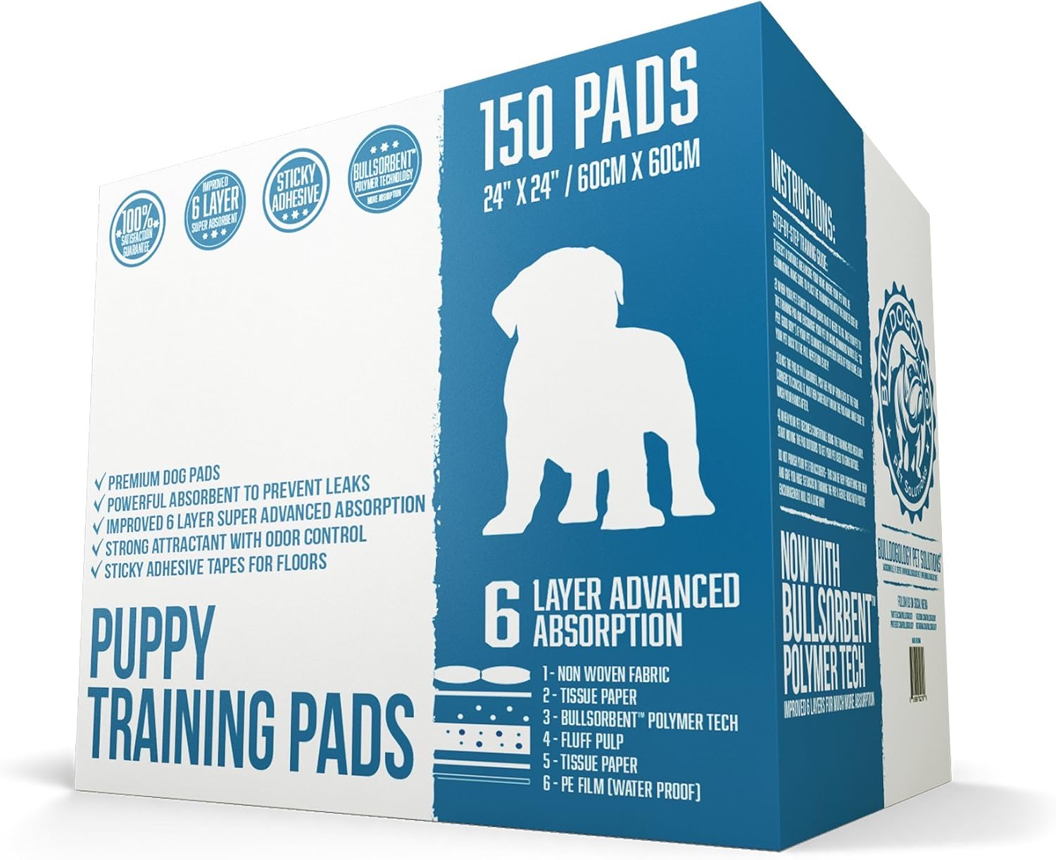 Bulldogology Puppy Training Pads - Pee Pads with Adhesive Sticky Tape (24x24) Large Dog Training Wee Pads with 6 Layer Extra Quick Dry Bullsorbent Polymer Tech (100-Count, White)