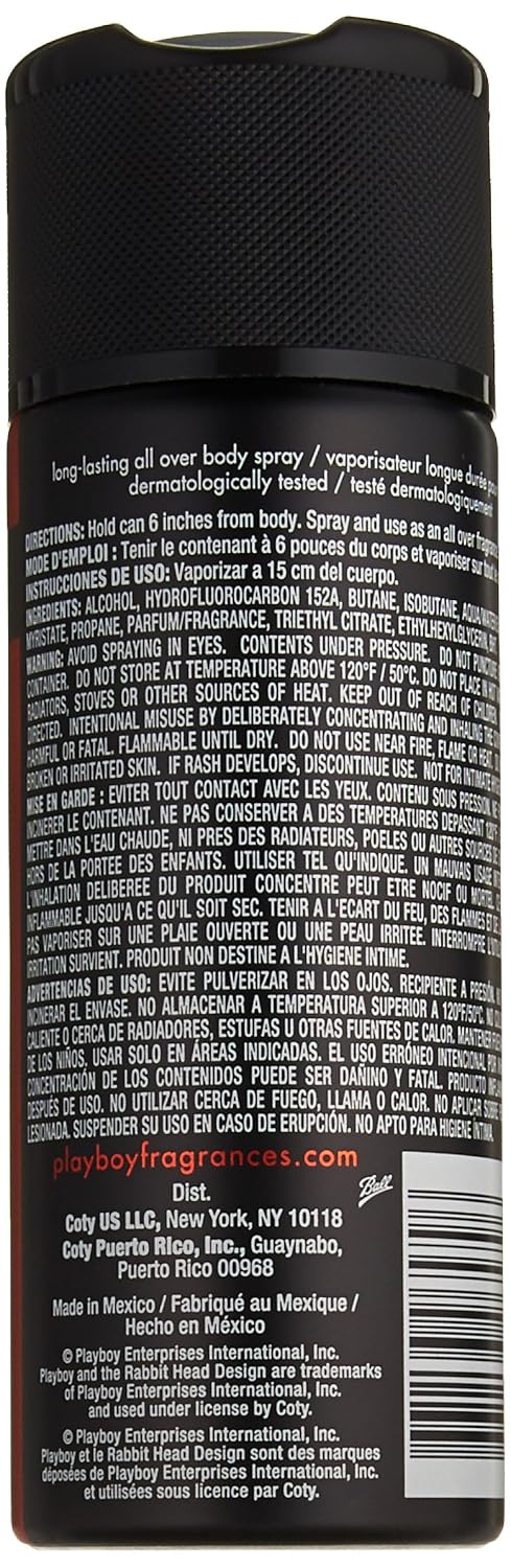 Playboy Male Body Spray, Vegas Scent, 4 oz., Long Lasting Body Spray for Men from Playboy, Scents of Musk, Amber, Vanilla
