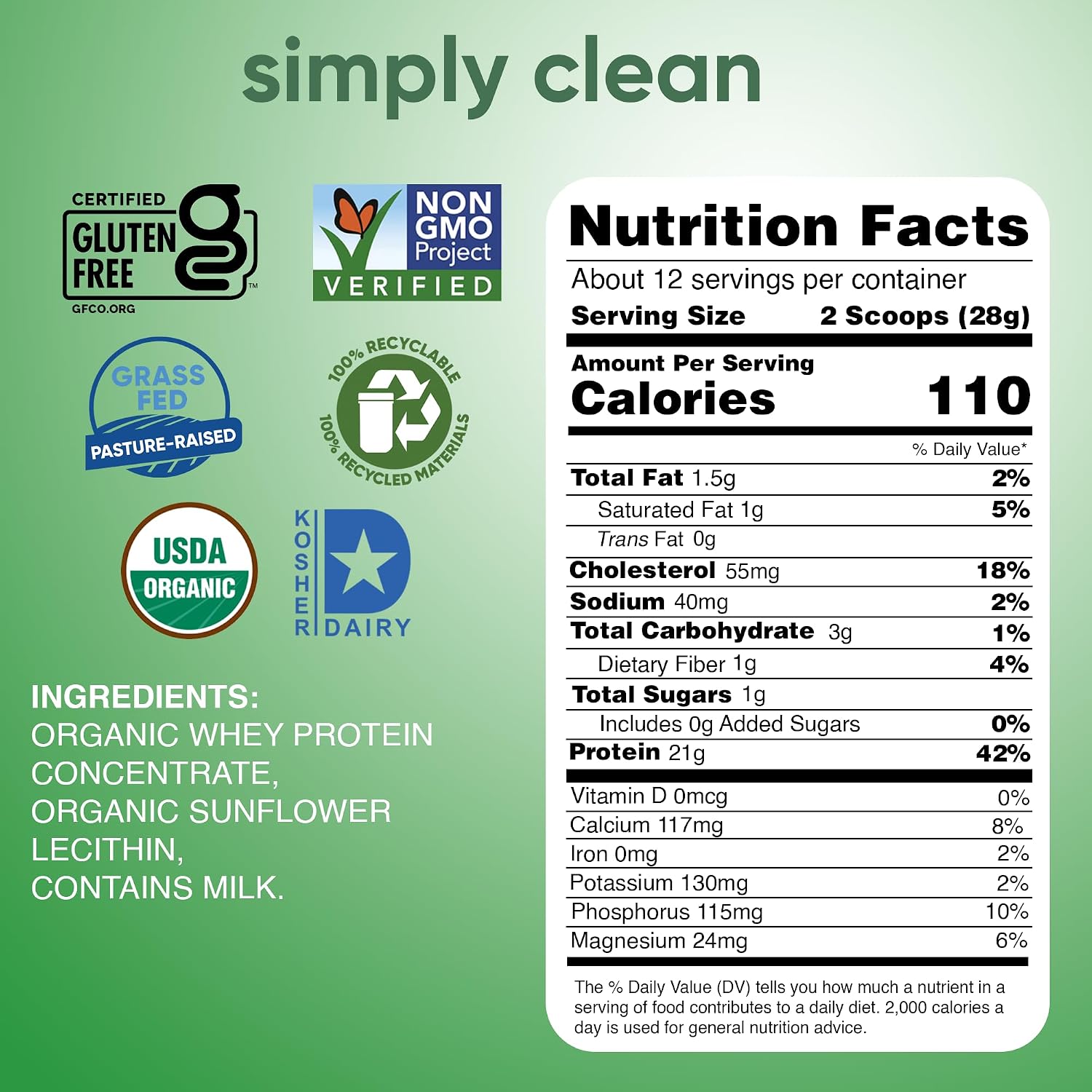 Simply tera's Organic Whey Protein Powder, Plain Unsweetened - 12 Oz | Grass Fed Whey Protein Powder Without Artificial Sweeteners, Unflavored