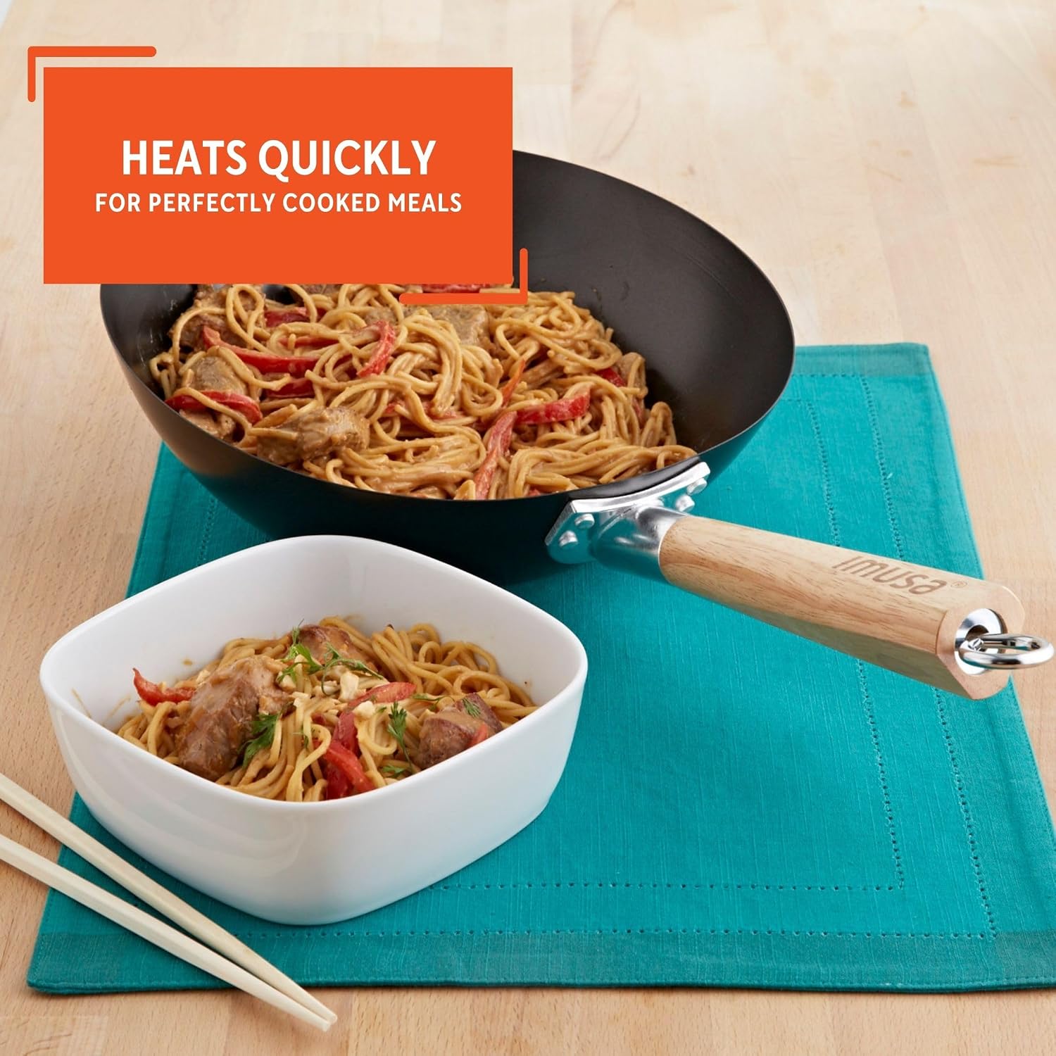 IMUSA 9.5 Inch Carbon Steel Nonstick Wok with Cool-touch Handle, Black | Cool-Touch Handle, Ideal for Stir Fry, Great for Everyday Meals
