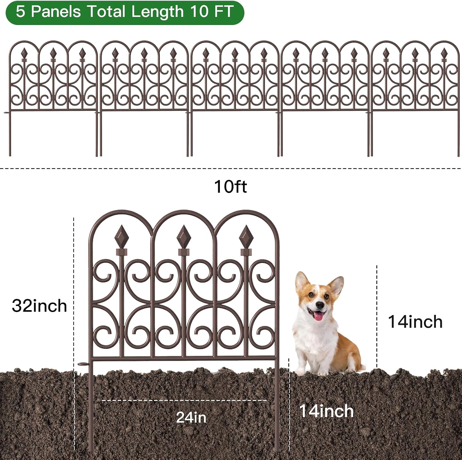 AMAGABELI GARDEN & HOME 5 Panels 32in(H)×10ft(L) Decorative Garden Fences and Borders for Dogs No Dig Rustproof Metal Fence Panels Garden Edging Border Animal Barrier Fencing for Flower Beds Black