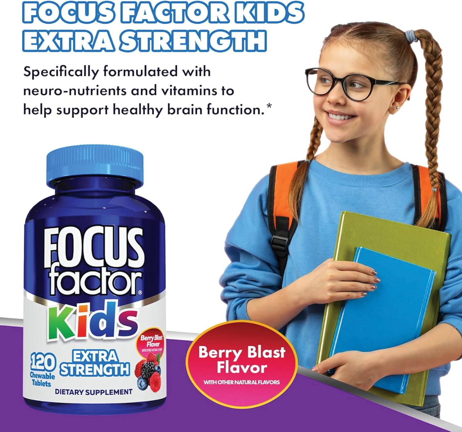 Focus Factor Kids Extra Strength Daily Chewable for Brain Health Support, 120 Count – Vitamins - Quality Formula – Gluten & Dairy Free Supplements for Children – No Artificial Sweetener